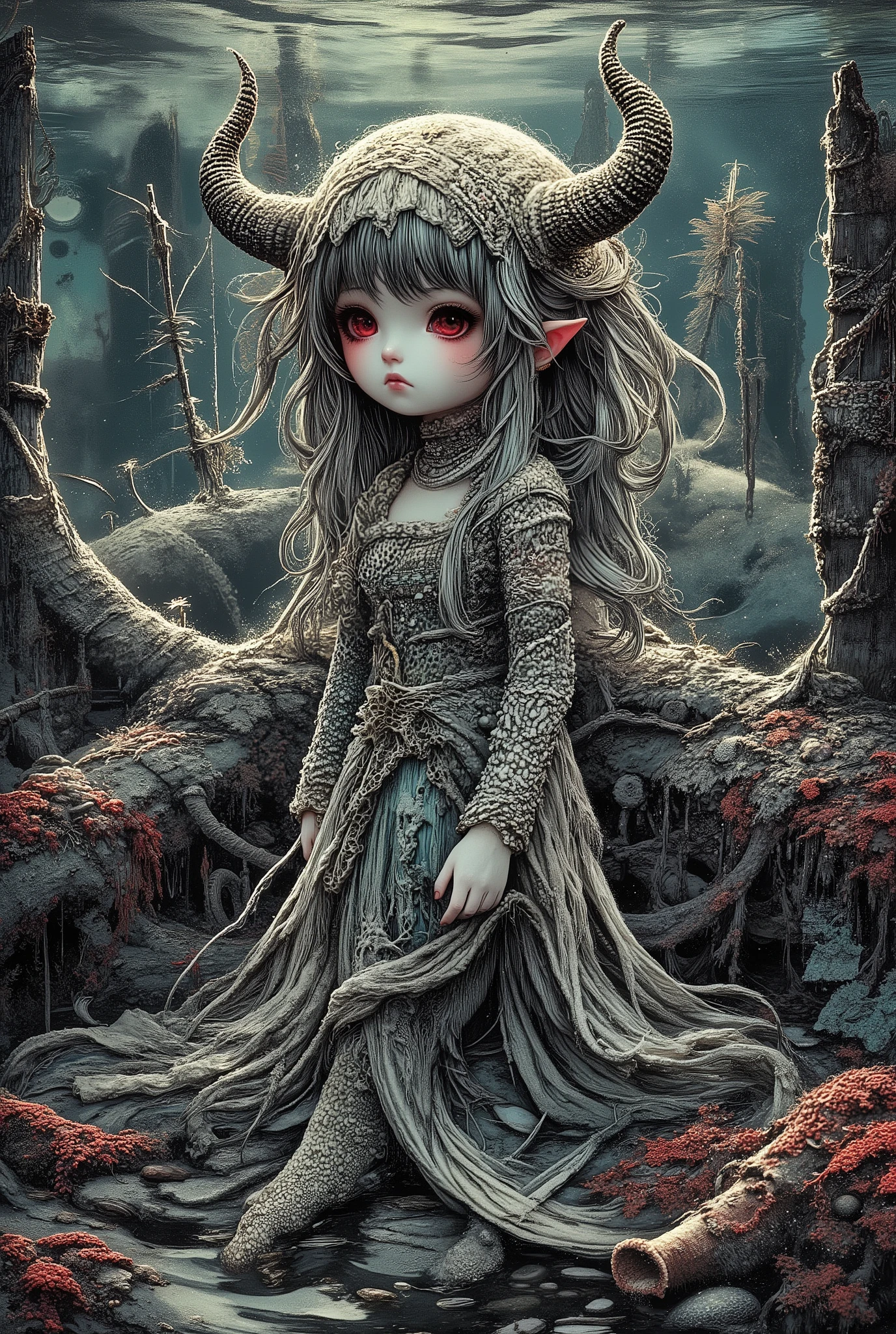 A young mermaid with porcelain skin and platinum-colored hair flowing like moonlight floats in the water column. Her tail, shimmering with mother-of-pearl, and her wonderful tunic dress seem to be woven by the depths of the sea itself: they resemble a bizarre colony of jellyfish, sea foam and living streams, shimmering with all shades of turquoise, aquamarine and snow-white foam. The form-fitting bodice seamlessly merges into a flowing train that wriggles and dissolves in the water, creating a complete fusion of the dancer with the world around her.
She dances a slow, melancholic dance among the wrecks of sunken ships. Their blackened masts and sides, overgrown with coral and algae, stand out from the gloom like ghosts of the past. The mermaid's gaze is sad and detached, she looks into the distance, through time and the memory of the ocean. The soft, mysterious light breaking through from the surface catches her fragile features and makes her outfit shimmer, as if it were the very soul of the sea.
The deep blue color of the water, dotted with the debris of past battles and hopes, creates a phantasmagorical and sad atmosphere at the same time. The thickets of red and emerald algae that have entangled the ships serve as a living, breathing frame for this surreal spectacle, where the line between fantasy, longing and the eternal force of nature is completely blurred.