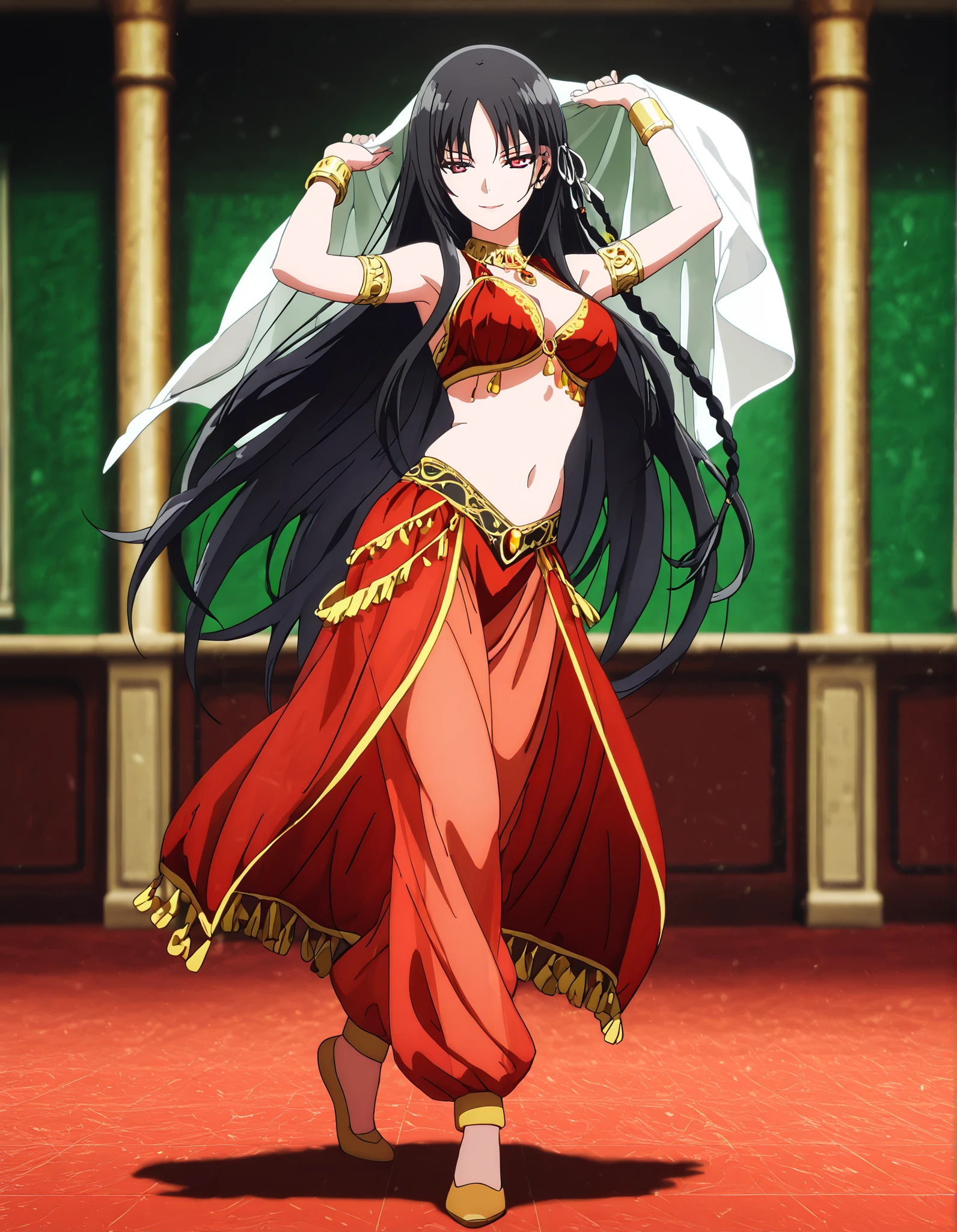 (1girl:1 . 5) , (Seul:1 . 5) , score_9 , score_8_haut , score_7_haut , source_anime , Official work  , ultra-detailed , masterpiece , better quality , high resolution , beaux yeux , detailed eyes , Detailed face , beautiful detailed eyes,red eyes, black hair, single braid, white ribbon,very long hair,bangs,Classroom Of The Elite,Horikita Suzune,Arabian Clothes , Arabian Dancer Outfit ,belly dancer costume,belly dancer outfit ,full body,golden jewelery,armlet, belly dancing,arabian garden,seductive smile, dancing with veil, dynamic movement,dance posture, seductive pose