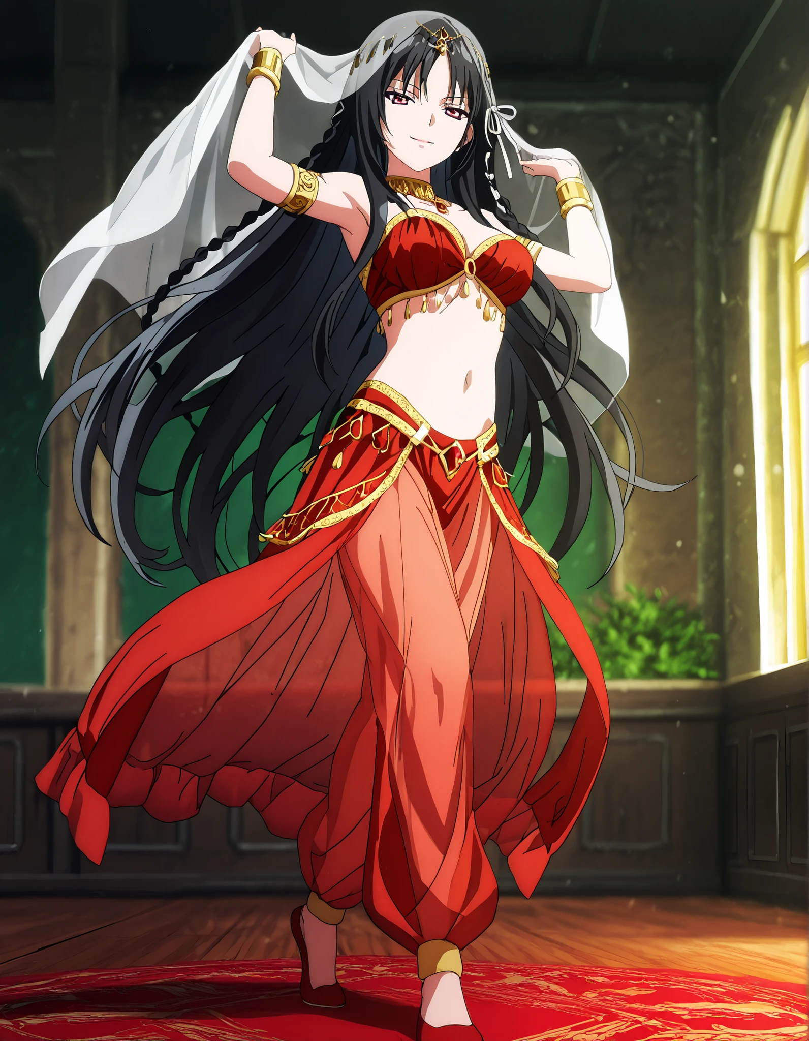 (1girl:1 . 5) , (Seul:1 . 5) , score_9 , score_8_haut , score_7_haut , source_anime , Official work  , ultra-detailed , masterpiece , better quality , high resolution , beaux yeux , detailed eyes , Detailed face , beautiful detailed eyes,red eyes, black hair, single braid, white ribbon,very long hair,bangs,Classroom Of The Elite,Horikita Suzune,Arabian Clothes , Arabian Dancer Outfit ,belly dancer costume,belly dancer outfit ,full body,golden jewelery,armlet, belly dancing,arabian garden,seductive smile, dancing with veil, dynamic movement,dance posture, seductive pose