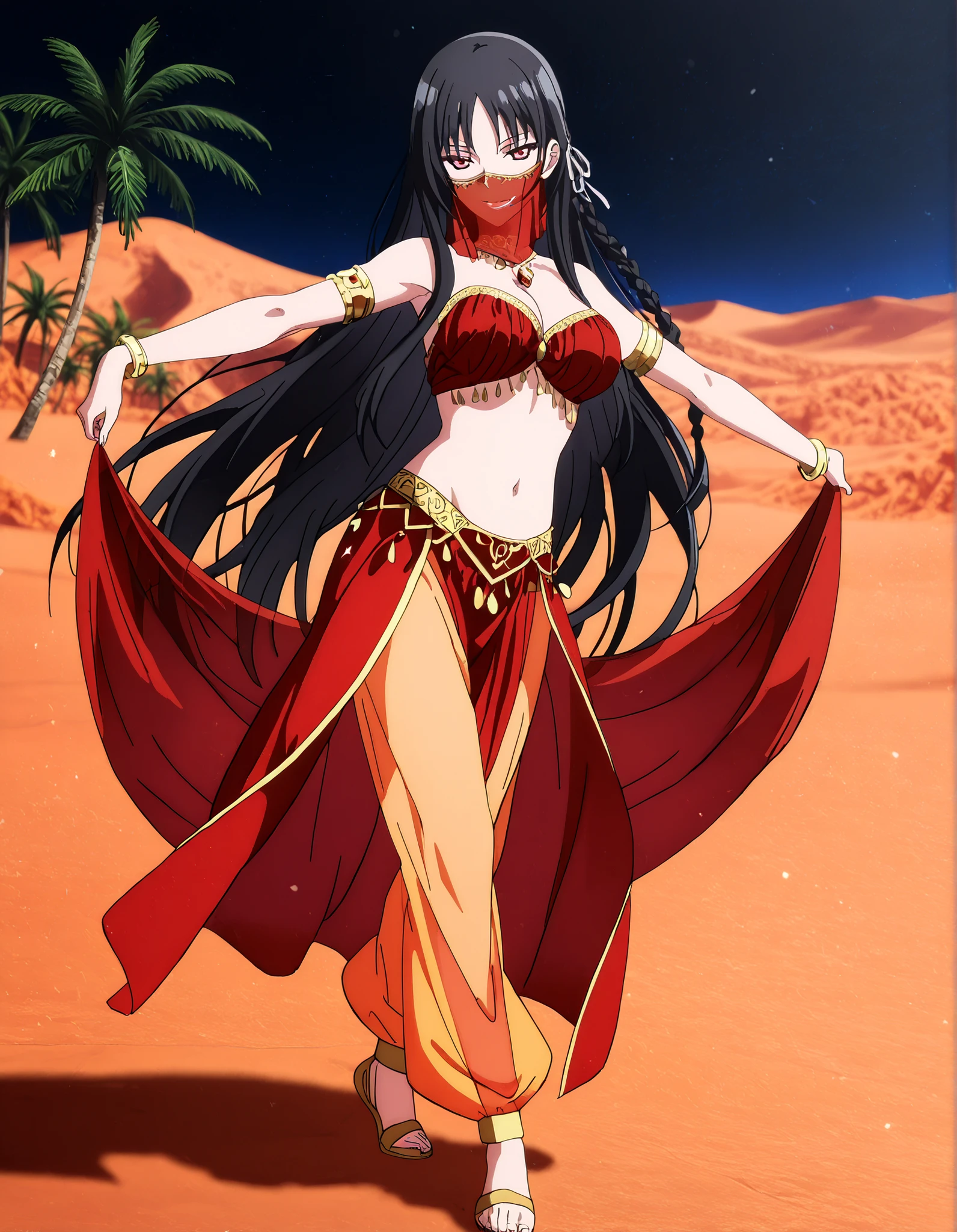 (1girl:1 . 5) , (Seul:1 . 5) , score_9 , score_8_haut , score_7_haut , source_anime , Official work  , ultra-detailed , masterpiece , better quality , high resolution , beaux yeux , detailed eyes , Detailed face , beautiful detailed eyes,red eyes, black hair, single braid, white ribbon,very long hair,bangs,Classroom Of The Elite,Horikita Suzune,Arabian Clothes , Arabian Dancer Outfit ,belly dancer costume,belly dancer outfit ,full body,golden jewelery,mouth veil,armlet, belly dancing,night,desert lands,palm tree,seductive smile, dancing with veil, dynamic movement,dance posture, seductive pose