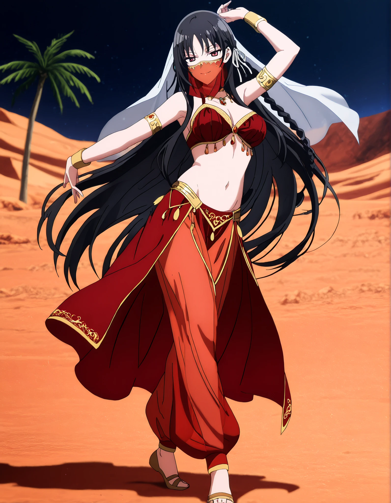 (1girl:1 . 5) , (Seul:1 . 5) , score_9 , score_8_haut , score_7_haut , source_anime , Official work  , ultra-detailed , masterpiece , better quality , high resolution , beaux yeux , detailed eyes , Detailed face , beautiful detailed eyes,red eyes, black hair, single braid, white ribbon,very long hair,bangs,Classroom Of The Elite,Horikita Suzune,Arabian Clothes , Arabian Dancer Outfit ,belly dancer costume,belly dancer outfit ,full body,golden jewelery,mouth veil,armlet, belly dancing,night,desert lands,palm tree,seductive smile, dancing with veil, dynamic movement,dance posture, seductive pose