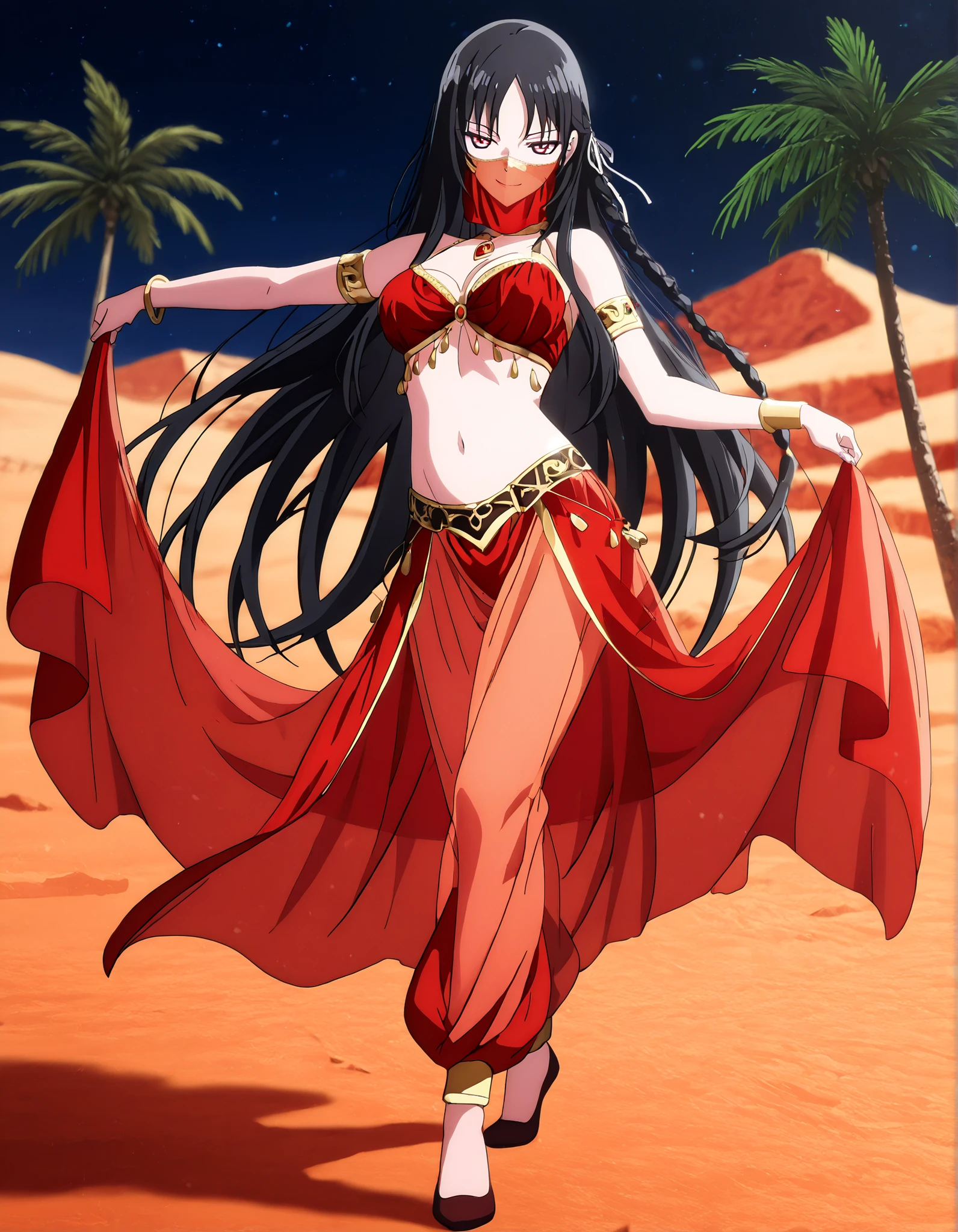 (1girl:1 . 5) , (Seul:1 . 5) , score_9 , score_8_haut , score_7_haut , source_anime , Official work  , ultra-detailed , masterpiece , better quality , high resolution , beaux yeux , detailed eyes , Detailed face , beautiful detailed eyes,red eyes, black hair, single braid, white ribbon,very long hair,bangs,Classroom Of The Elite,Horikita Suzune,Arabian Clothes , Arabian Dancer Outfit ,belly dancer costume,belly dancer outfit ,full body,golden jewelery,mouth veil,armlet, belly dancing,night,desert lands,palm tree,seductive smile, dancing with veil, dynamic movement,dance posture, seductive pose