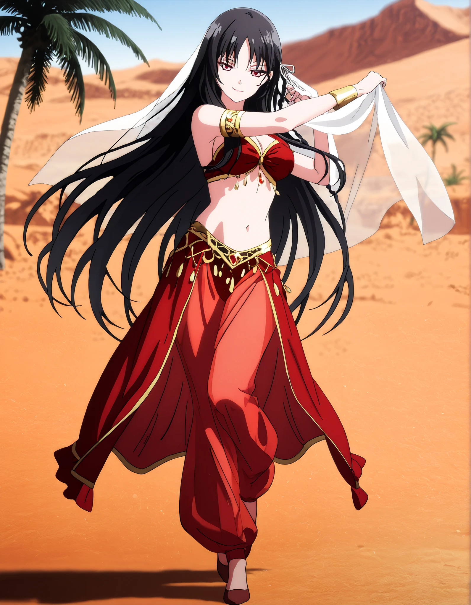 (1girl:1 . 5) , (Seul:1 . 5) , score_9 , score_8_haut , score_7_haut , source_anime , Official work  , ultra-detailed , masterpiece , better quality , high resolution , beaux yeux , detailed eyes , Detailed face , beautiful detailed eyes,red eyes, black hair, single braid, white ribbon,very long hair,bangs,Classroom Of The Elite,Horikita Suzune,Arabian Clothes , Arabian Dancer Outfit ,belly dancer costume,belly dancer outfit ,full body,golden jewelery,armlet, belly dancing,desert lands,palm tree,seductive smile, dancing with veil, dynamic movement,dance posture, seductive pose
