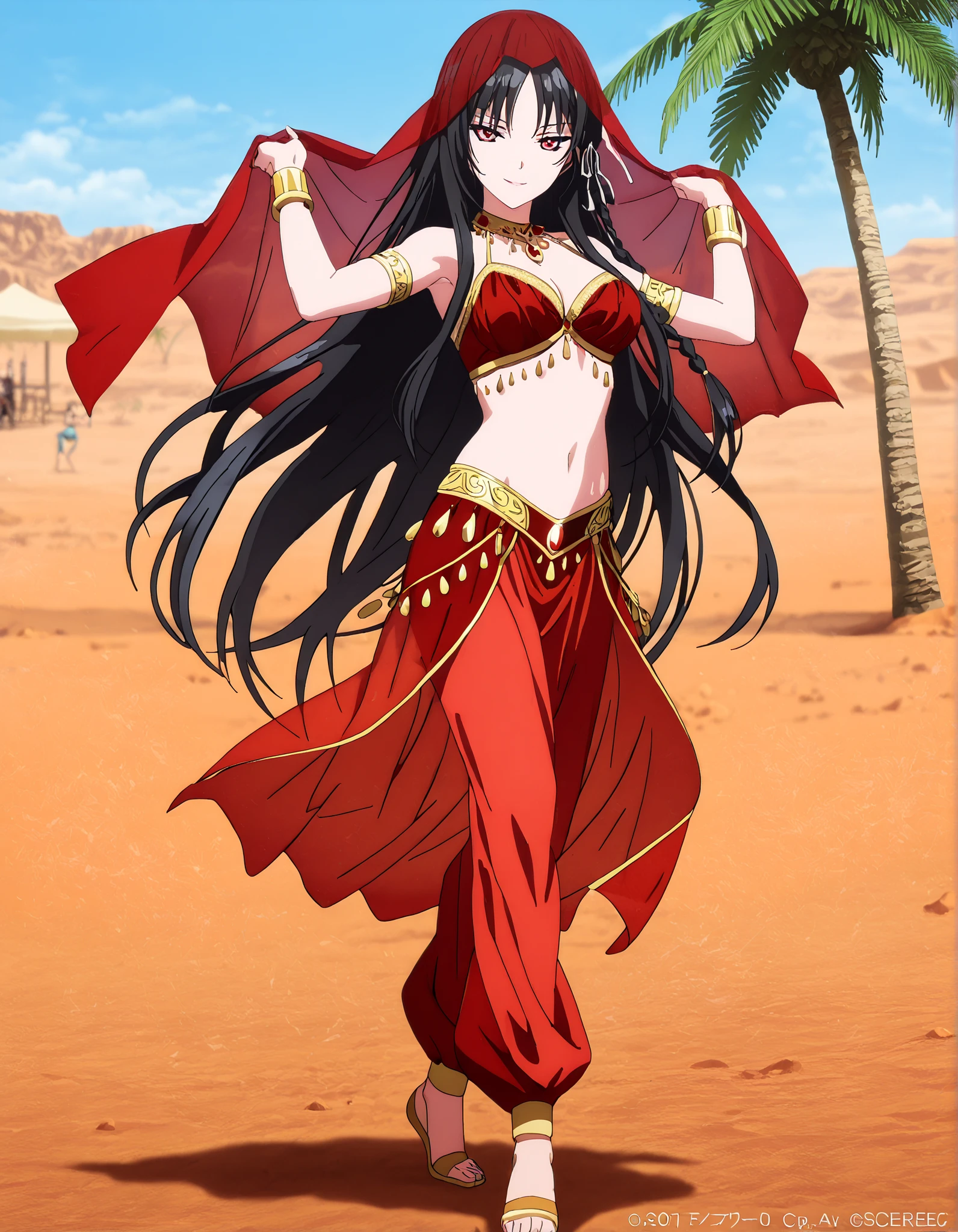 (1girl:1 . 5) , (Seul:1 . 5) , score_9 , score_8_haut , score_7_haut , source_anime , Official work  , ultra-detailed , masterpiece , better quality , high resolution , beaux yeux , detailed eyes , Detailed face , beautiful detailed eyes,red eyes, black hair, single braid, white ribbon,very long hair,bangs,Classroom Of The Elite,Horikita Suzune,Arabian Clothes , Arabian Dancer Outfit ,belly dancer costume,belly dancer outfit ,full body,golden jewelery,armlet, belly dancing,desert lands,palm tree,seductive smile, dancing with veil, dynamic movement,dance posture, seductive pose