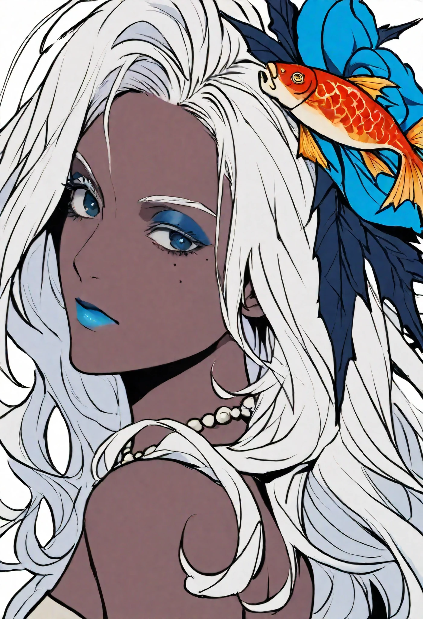 HDR, masterpiece, best quality, very aesthetic, (realistic:1.1), ( flat color :1.5),
Carp, 1 maiden, One, long hair, looking at the viewer, blue eyes, simple background, hair ornament, white background, closed mouth, jewelry, clavicle, white hair, flower, dark skin, hair flower, necklace, a mole, hair per eye, black woman, a mole under eye, makeup, portrait, lipstick, eyeshadow, blue flower, blue lips, blue eyeshadow