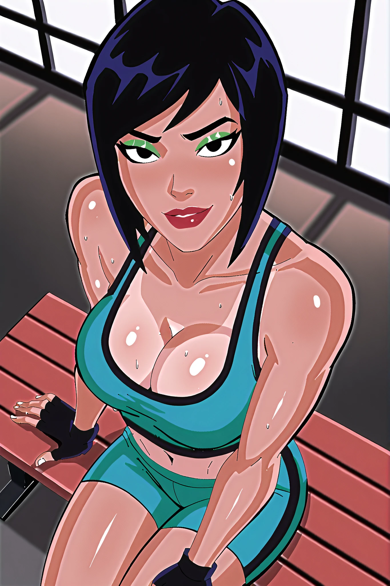 solo, 1girl, looking at viewer, seducing viewer, teasing viewer, bob cut, black hair, black eyes, tan skin, , cleavage, BREAK, score_8_up, score_7_up, score_9, score_6_up, high quality, best quality, face focus, lipstick, makeup, expression, bedroom eyes, smiling, closed mouth, busty, dark green sports bra, dark green gym shorts, dark green fingerless gloves, indoors, sitting on bench, gym, high-angle view, green eyeshadow, closeup, portrait, upper body, sweaty, sweat drops