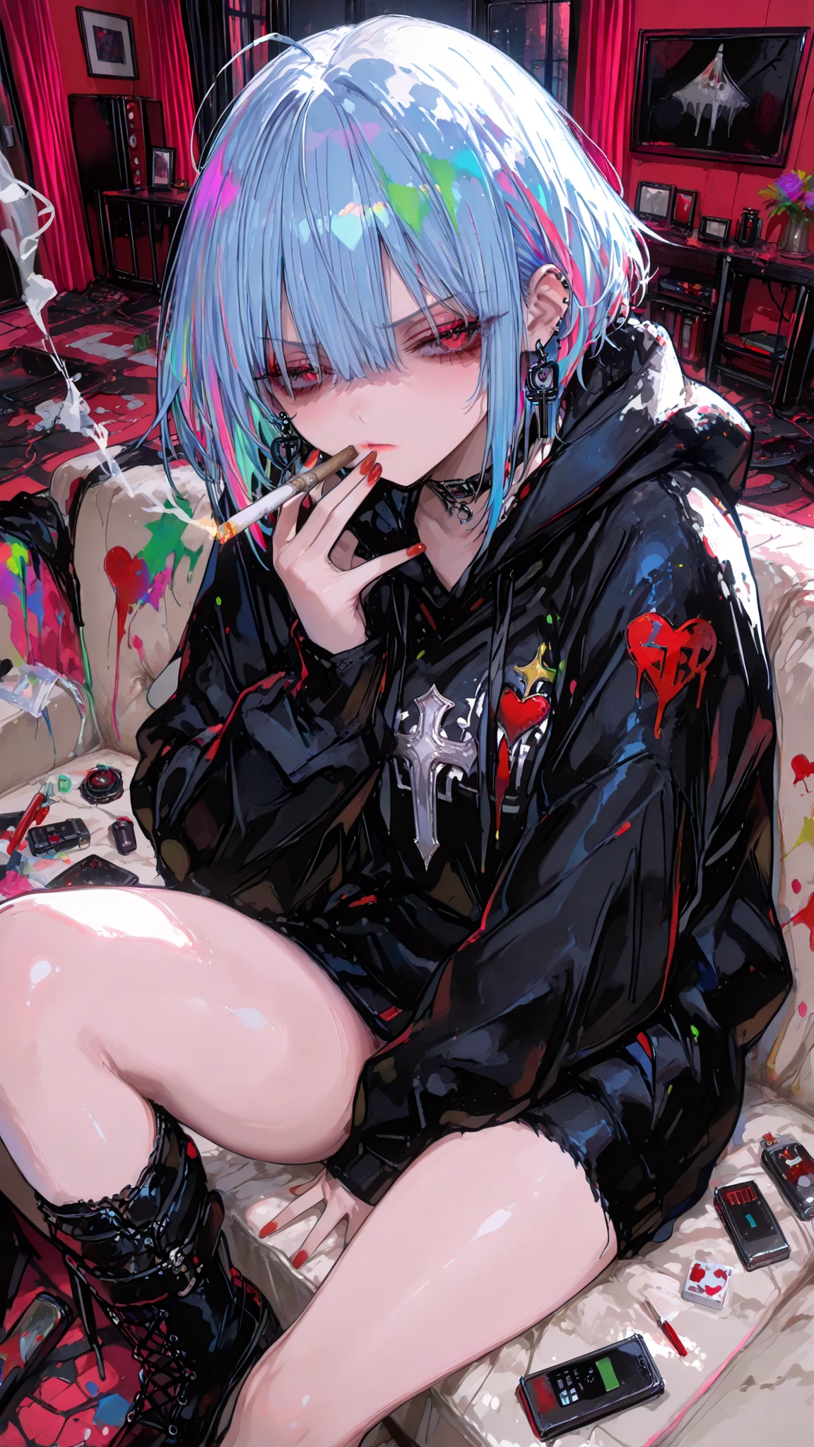 living room,rebellious student,womanhood,1girl,Blue hair,bearded on the couch ,smoking,Bad expression,Glaring,臍earrings,Red Nails,earrings,Messy Room,sexy,colorful,dynamic,anime,masterpiece,Highest Quality,great quality,very beautiful,Newest,