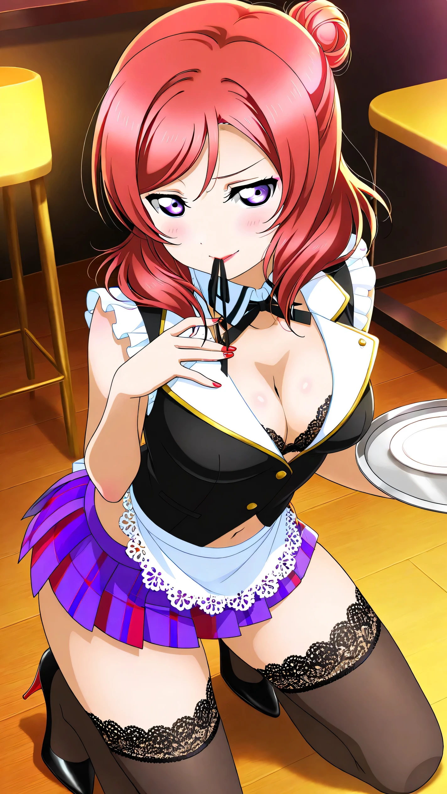 better quality , masterpiece , ultra haute résolution , Magnifique , Magnifique eyes ,art anime , love live , style artistique officiel , high level of detail , thick outlines marked, 1girl , Seul , Maki Nishikino , yeux violets , cheveux roux , medium messy low bun with face-framing locks , tenue de serveuse ultra-révélatrice , fitted vest barely covering lace bra , jupe plissée très courte avec petit tablier en dentelle , thigh highs with garters , stiletto shoes , Layered Jewelry , maquillage gyaru dramatique , deep red, shiny lips , ongles rouges , silhouette sinueuse mettant l'accent sur le buste , hanches , et cuisses , kneeling on the floor holding a tray near the mouth , expression sensuelle et taquine , erotic/intimate restaurant background with low candle light , situation de service suggestive