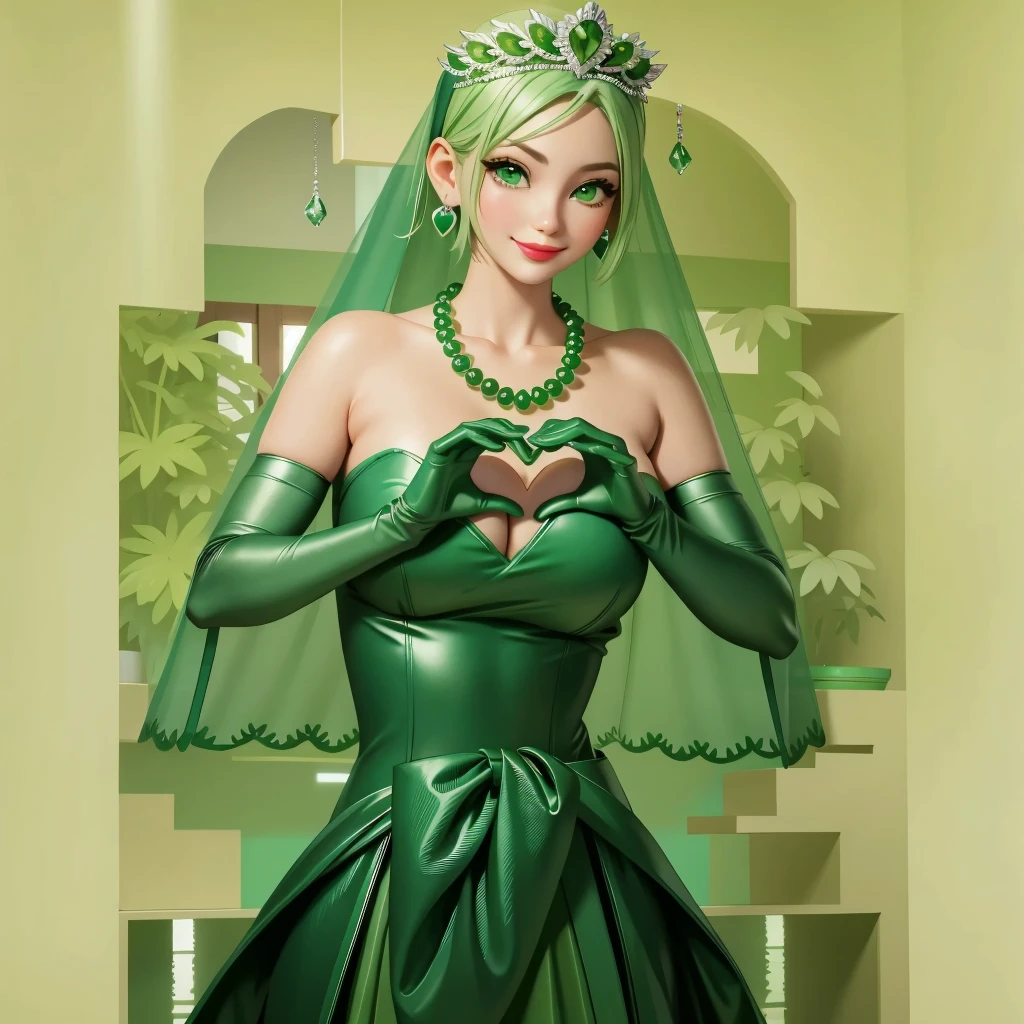 Emerald tiara, Green Pearl Necklace, Boyish very short green hair, Green Lips, Smiling Japanese woman, Very short hair, Busty beautiful lady, Green Eyes, Green satin long gloves, Green Eyes, Emerald Earrings, Green veil, Heart with both hands, Green Hair, Beautiful Japanese Women, Heart shaped hands:1.3, green lip gloss