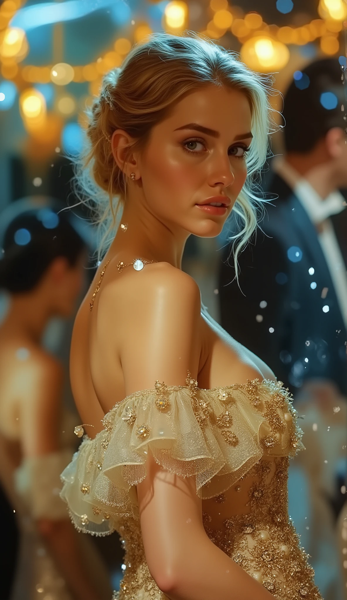 simply a masterpiece, incredible beauty, vintage beauty, New Year's Ball, A beautiful and young woman of 19 years old is standing and waiting for her man, she has light wheat hair in an elegant hairstyle and green-brown eyes, a very detailed powder-pastel dress, which is embroidered with fine embroidery and crystals, embroidered dress, thick oil painting, extremely soft colors , bright, high detail, Artist great master of Italian , your aesthetic is classical and academic, but you love conceptual art, pop and contemporary art, woman is the highest aesthetic embodiment of nature, and you love to sing her in all her praises Aspects and forms. You are the virtuoso of photography and love the contrasts of light and tones. You can combine the richness of details with aesthetic simplicity, turning into beauty , oil on canvas , high contrast, Dramatic, exquisite, tonal, Create high contrast between light and shadow. painting masterpiece