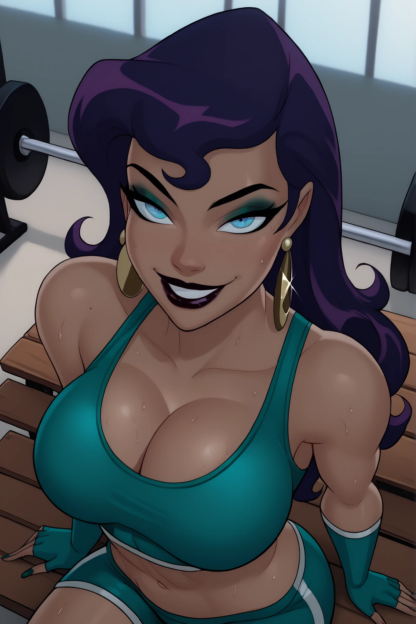 BREAK, score_9, score_8_up, score_7_up, score_6_up, masterpiece, high quality, NorCirce, 1girl, solo, purple hair, long hair, blue eyes, earrings, jewelry, , cleavage, curvy, athletic, dark-skinned female, lipstick, makeup, looking at viewer, seducing viewer, teasing viewer, smile, closed mouth, expression, bedroom eyes, busty, teal green sports bra, teal green gym shorts, teal green fingerless gloves, sitting on bench, indoors, gym, portrait, upper body, closeup, high-angle view, dark purple eyeshadow, sweaty, sweat drops
