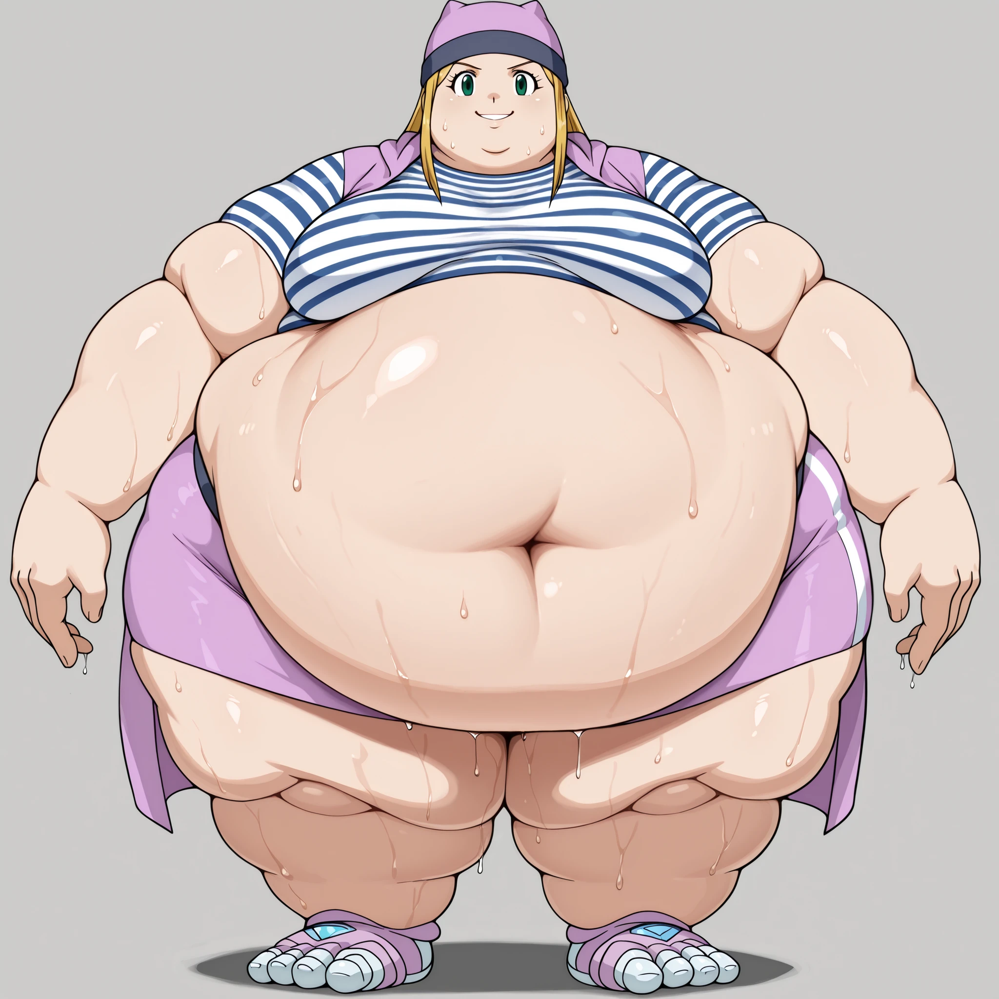 digimon frontier, izumi orimoto, 1girl, blonde hair, solo, striped shirt, green eyes, skirt, smile, long hair, striped, navel, hat, shirt, midriff, looking at viewer, jacket, long jacket, crop top, miniskirt, purple shirt, short sleeves, blank_stare, empty_stare,  fat, chubby, obese, gigantic arms and legs, large breasts, sweating, wet body, swollen face, Fat_neck , Fat head , eyes with crushed cheeks , nose with crushed cheeks , mouth with crushed cheeks , chin roll,
only head, large head, oversized limbs, large hands, large feet, oversized feet, oversized fingers, big lips, plump lips, fat face, fupa, big fupa, fat fupa, 