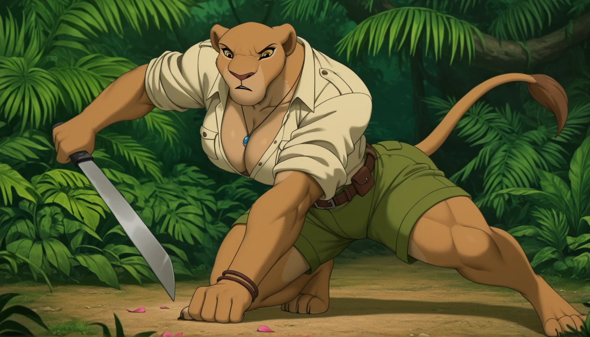 nala as anthropomorphic lioness princess in a garden, Nala, yellow eyes, (makeup), ((anthro)), lioness, lion tail, necklace, bracelets, (military uniform), adventurer, ((safari outfit)), (beige button down shirt), collarbone, ((cleavage)), ((unbuttoned shirt)), ((rolled up sleeves)), ((oversized shirt)), untucked shirt, (breast pockets), green shorts, utility belt, machete, sassy, parted lips, erect nipples, wide hips, (anime screencap:1.2), (1girl), ((masterpiece)), best quality, realistic, big breasts, round breasts, (bright colors), jungle, lush vegetation, trees, flowers, petals, dynamic pose, full body, bare feet, Nala_lion_king, ((muscular)), hunting, prowl