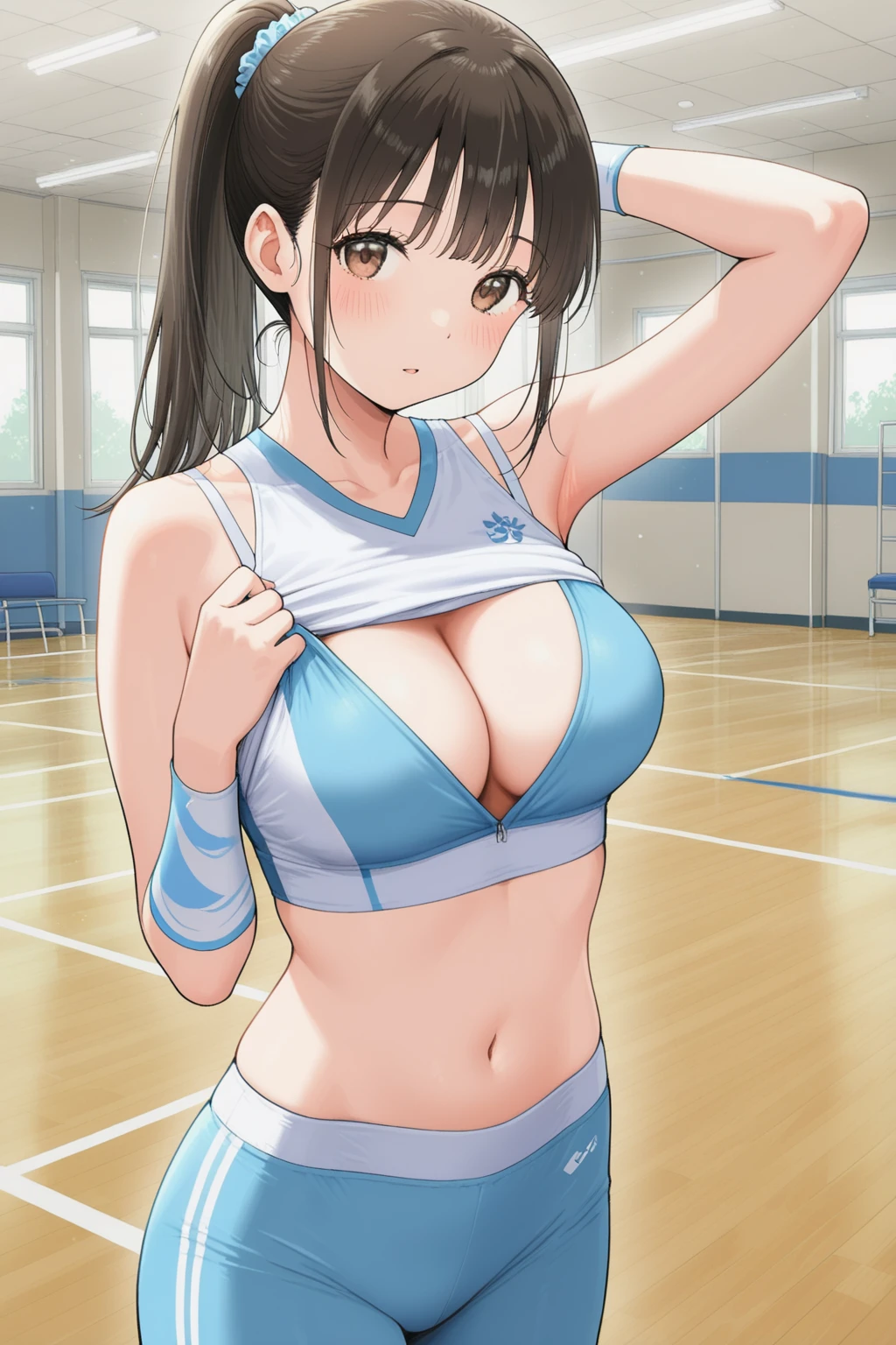 masterpiece, best quality,(NSFW:0.7), (kunikida hanamaru:0.999), (long hair:0.888), (:0.878), (brown hair:0.875), (looking at viewer:0.699), (:1.2), Blush, open mouth, very tight blue tube top, strapless, midriff, cowboy shot, very tight shorts,in wrestling ring , excited smile , arms up behind head, armpits , sweating, soaked in sweat,