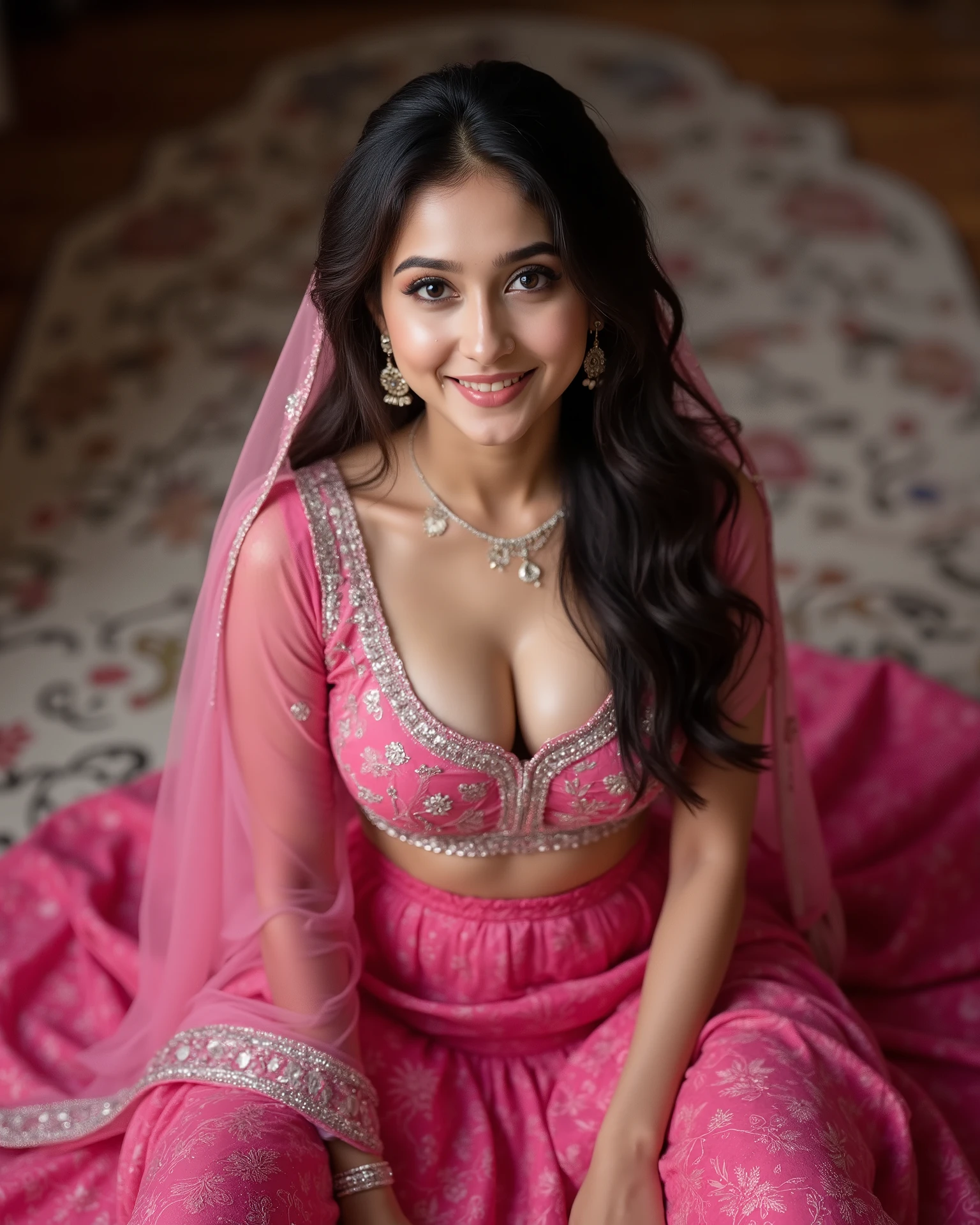 anaswarasdxl, Photographed from top, A full body image of a 20 year old Indian girl with smiling look, fair skin tone, light grey eyes, fox eyelashes, thin eyebrows, black eye liner, silver eyeshadow, natural blush, and red lipstick. Her hairs are long, brown, wavy and stylish. She is wearing a fuchsia low-cut choli with short sleeves, and a matching full lehenga. Both pieces are embellished with silver embroidery and sequin work, particularly along the trim. She wears a sheer dupatta draped over her shoulders, along with traditional heavy silver jewelry. She is sitting gracefully on luxurious floor in an elegant pose, looking directly onto camera. photorealistic, natural lighting, ultra-detailed textures, cinematic color grading, 8K resolution, masterpiece.