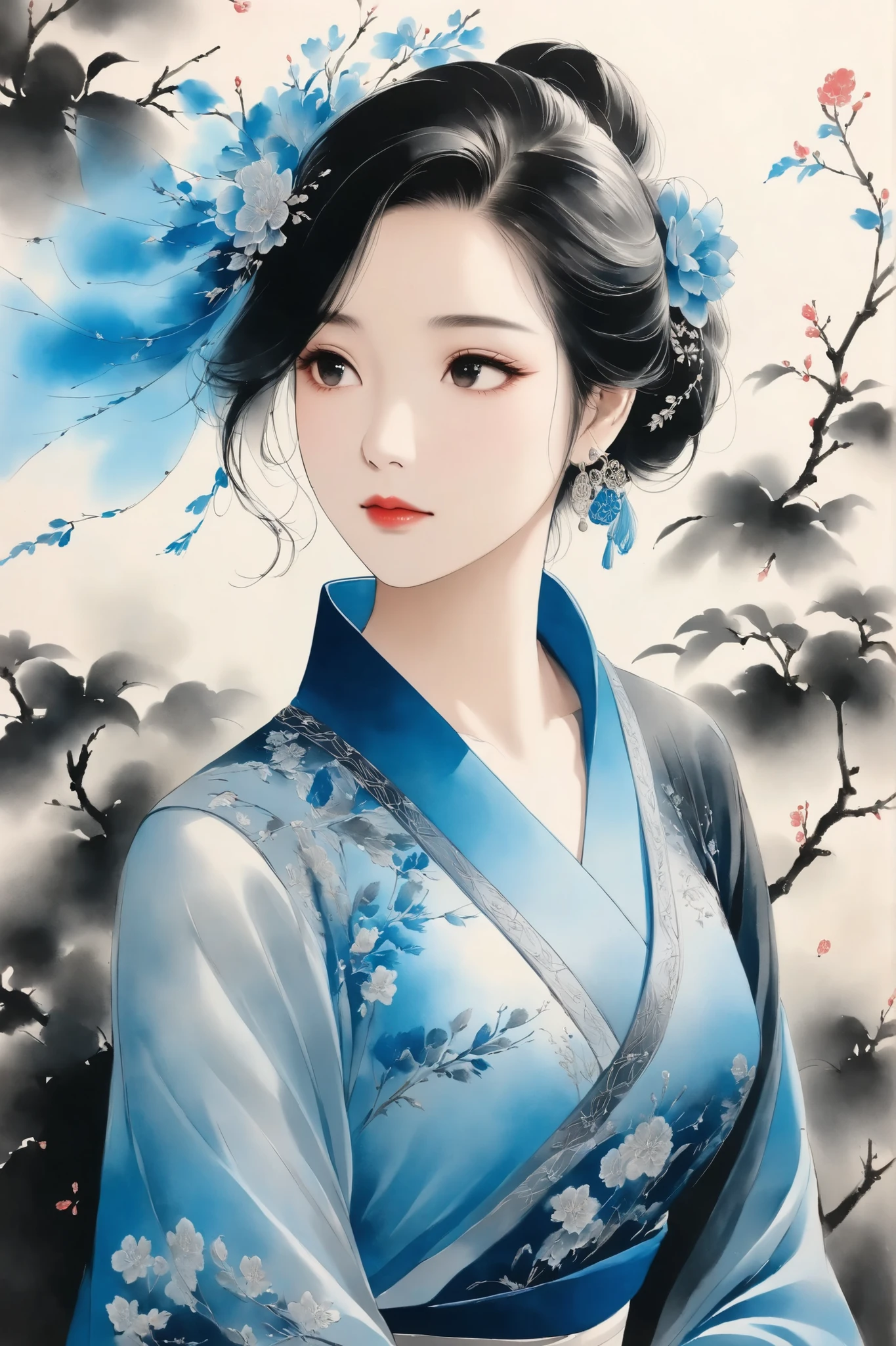 Elegant Beauty with Ink Wash Style,Classy Blue Dress,Pensive Expression, delicate embroidery decoration ,skirt that spreads softly,Standing Serene in Natural Light,High Quality Realistic Portrait,realistic texture,Precise Depiction,Deep Focus,Blue Aura ,Vivid Colors,Traditional Ink Painting,Elegant Atmosphere