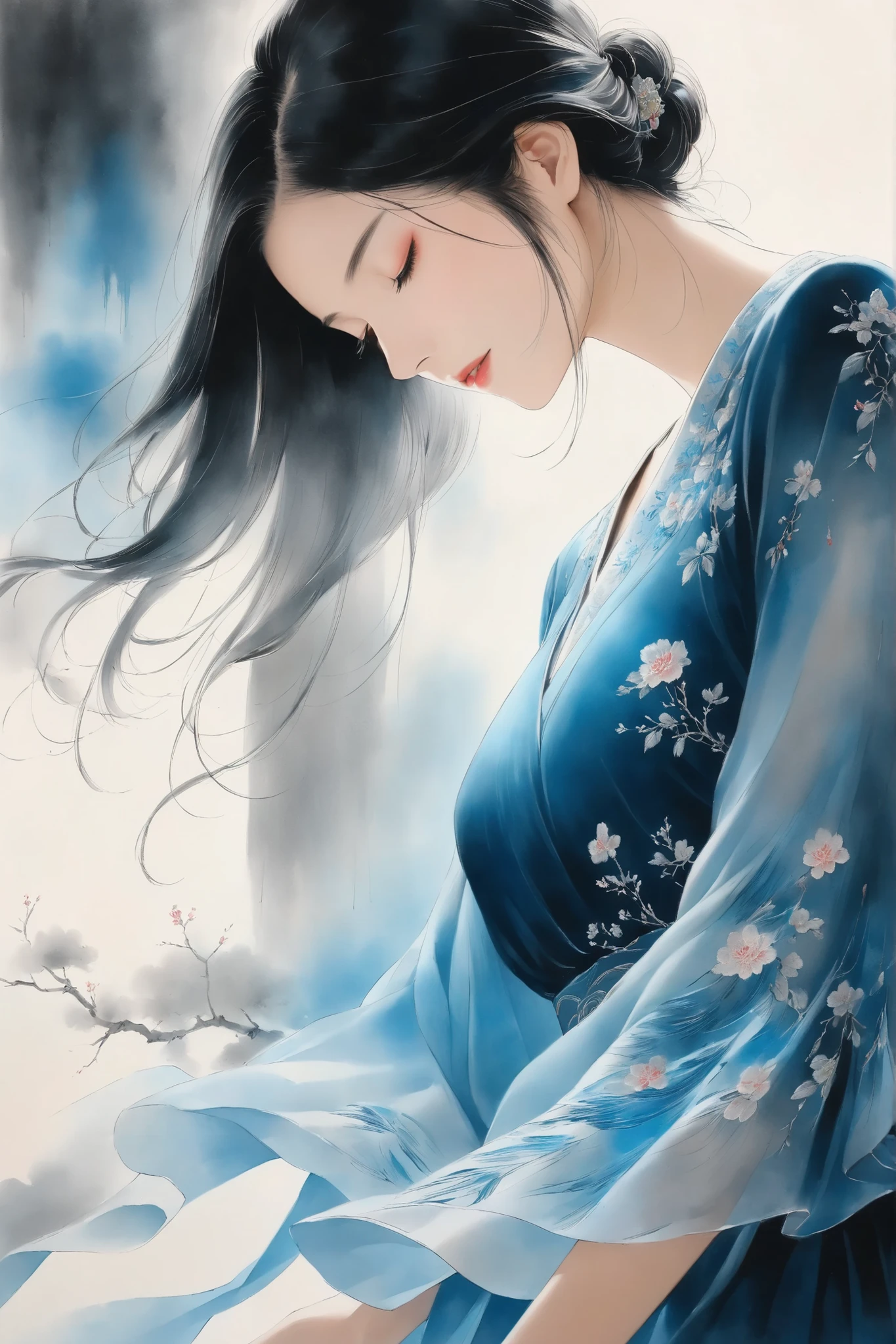 Elegant Beauty with Ink Wash Style,Classy Blue Dress,Pensive Expression, delicate embroidery decoration ,skirt that spreads softly,Standing Serene in Natural Light,High Quality Realistic Portrait,realistic texture,Precise Depiction,Deep Focus,Blue Aura ,Vivid Colors,Traditional Ink Painting,Elegant Atmosphere