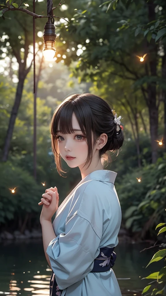 masterpiece:1.2, highres, highest quality, beautiful detailed, ultra-realistic, photorealistic:1.37, cute girl in the meadow lake, crescent moon, meadow lake scenery with fireflies flying around, fireflies, kimono, squatted down(wariza), beautiful delicate(hair, eyes, pupils, lips, firefly), back view