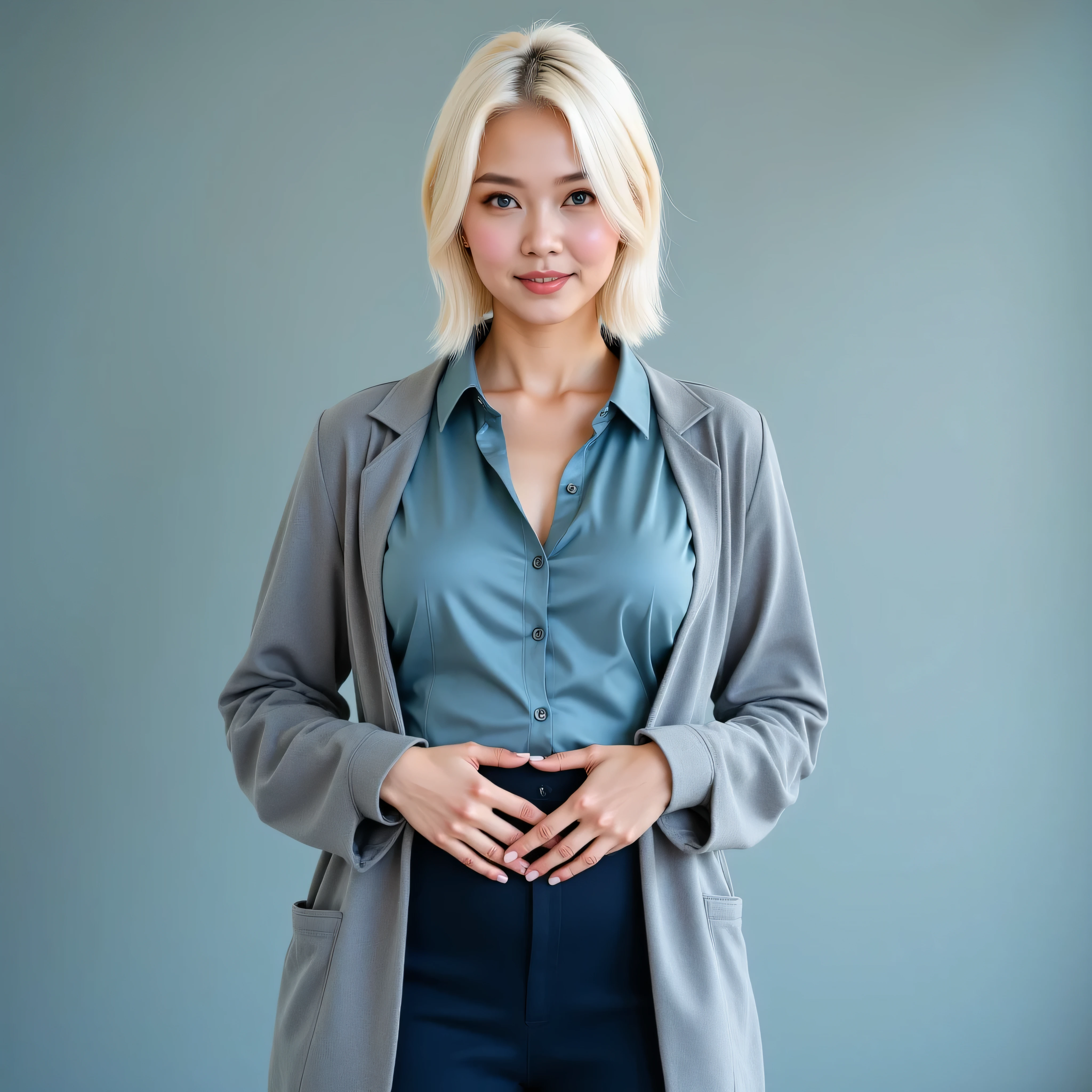 A realistic, high resolution photograph of a short, beautiful female Asian university student in her 20's; full body frontal view facing the camera with her hands clasped together at her groin, looking at the camera. There is extra space in the photo above her head. She has short, hourglass, fashion model figure with medium rounded, uplifted breasts, large hips, and a slim waist. She has straight completely cream blonde hair with naturally blonde roots pulled back in a loose pony tail. She has a perfect, beautiful face, a small nose, and a short, thick neck. She has grey eyes, a vanilla complexion and naturally light blonde hair roots. Her lips are slightly open and she has a somewhat mischievous smirk. She is wearing a steel blue collared satin blouse with buttons, a dark blue polyester miniskirt and an open grey lab jacket. The rounds of her breasts are well defined beneath her clothing and you can see some cleavage. There is no one else in the photo. There is extra space above the subject’s head and centered composition — suitable for magazine-style layout or cinematic framing.
