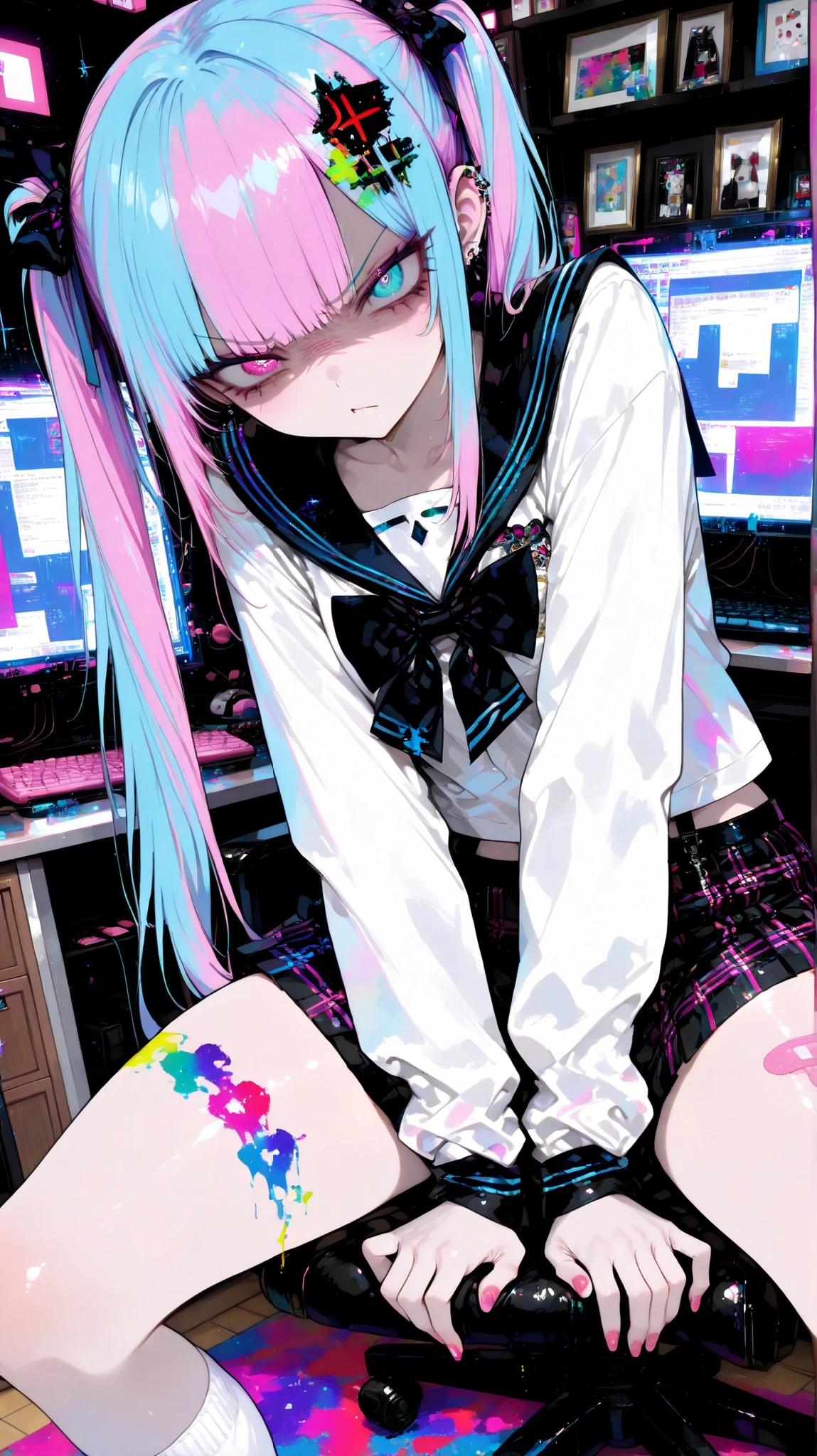 living room,A rebellious child,angry expression,Glaring,womanhood,1girl,Nails,colorful,school uniform,mini skirt,sexy,dynamic,Dramatic,anime,safe content(masterpiece, 最High Quality, High Quality, detailed background, complicated details,complicated,Ultra High Definition, very beautiful ,Newest:1.2)