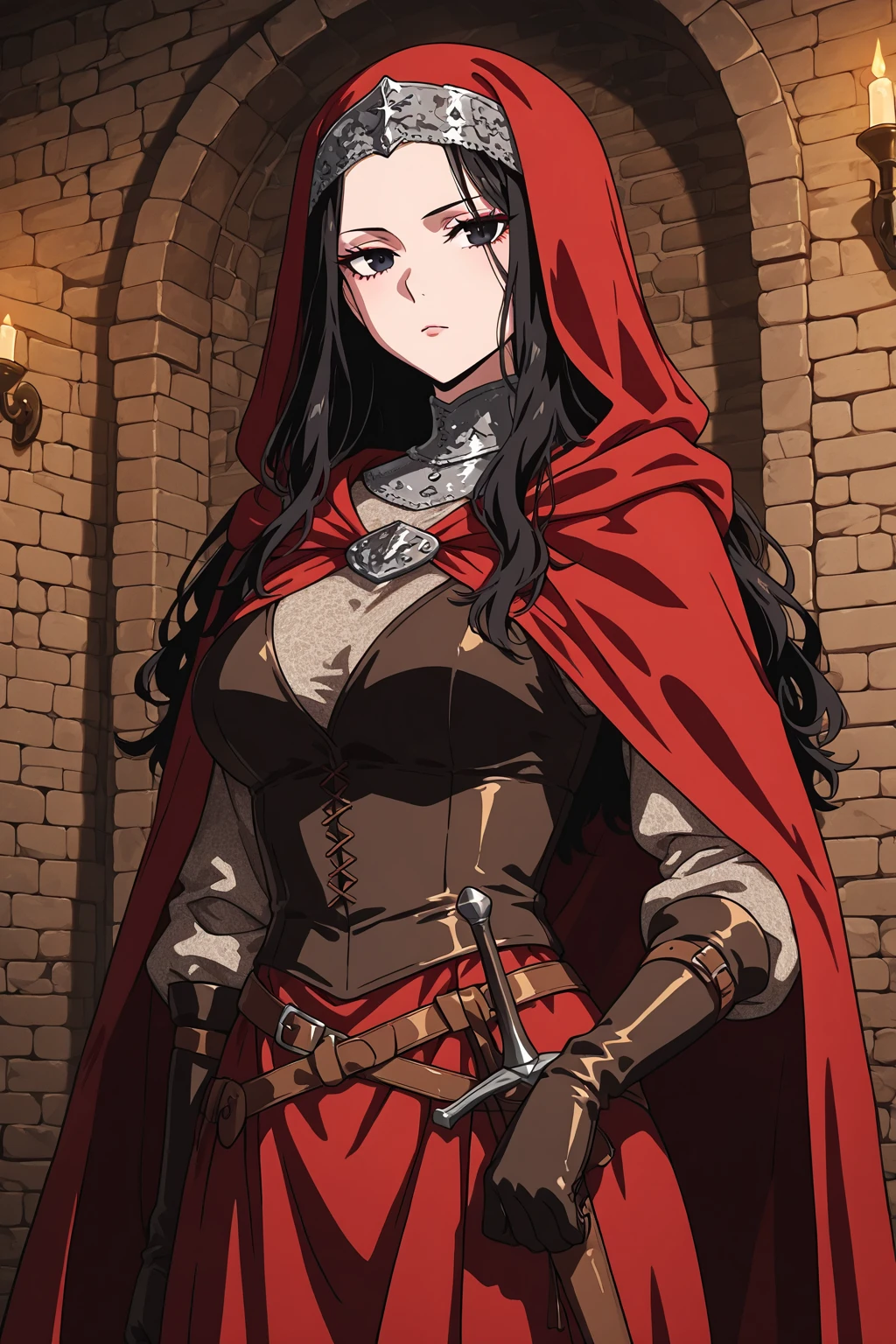 Tall long-haired woman in black cape and red clothing with arms down and clenched fists 