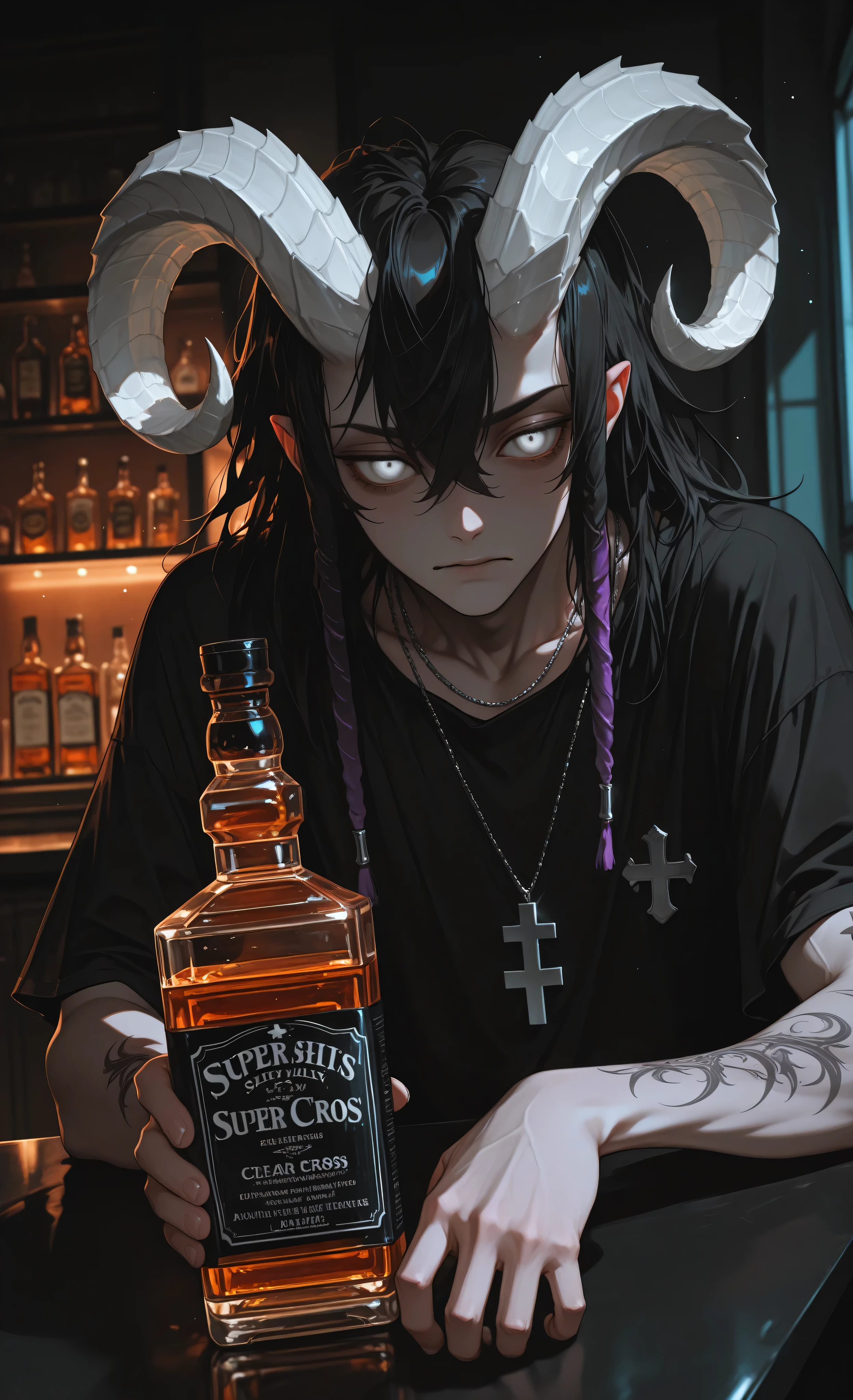 (moody lighting, dramatic shadows, bloom lighting, colored shadows, Ink Style, best quality, soft lines, clear details, masterpiece:1.3, 8k:1.3, Highest quality:1.3, detail:1.3, high resolution:1.3, digital painting, super detail,)
(cinematic, anime style, sharp lines),
1 male, pale skin, dark dreadlocks, (white curved horns:1.3), white eyes with redness around them, slightly flushed face, melancholic expression,
wearing: black t-shirt, (silver cross necklace:1.2), detailed tattoo on right upper arm,
holding a bottle of whiskey with "NON OBITUM" label, (bubbles above his head:1.2),
medium shot, moody atmosphere, ominous vibe,
background: (blurred bar interior:1.3), cool-toned, soft bokeh, ambient lighting, drinks on counter,
dramatic lighting, focus on character features and whiskey bottle