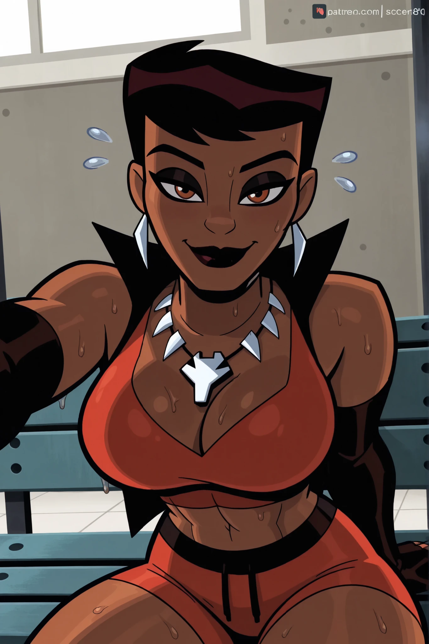 BREAK, score_6_up, score_7_up, score_8_up, score_9, masterpiece, best quality, dramatic lighting, intricate details, 1girl, solo, , cleavage, curvy, athletic, looking at viewer, seducing viewer, teasing viewer, smiling, closed mouth, expression, bedroom eyes, short hair, black hair, jewelry, necklace, colored skin, dark-skinned female, dark skin, muscular female, colored sclera, lipstick, makeup, v1x3n, sitting on bench, indoors, busty, crimson red sports bra, crimson red gym shorts, crimson red fingerless gloves, portrait, closeup, upper body, gym, shoulders, high-angle view, black eyeshadow, shoulders, sweaty, sweat drops