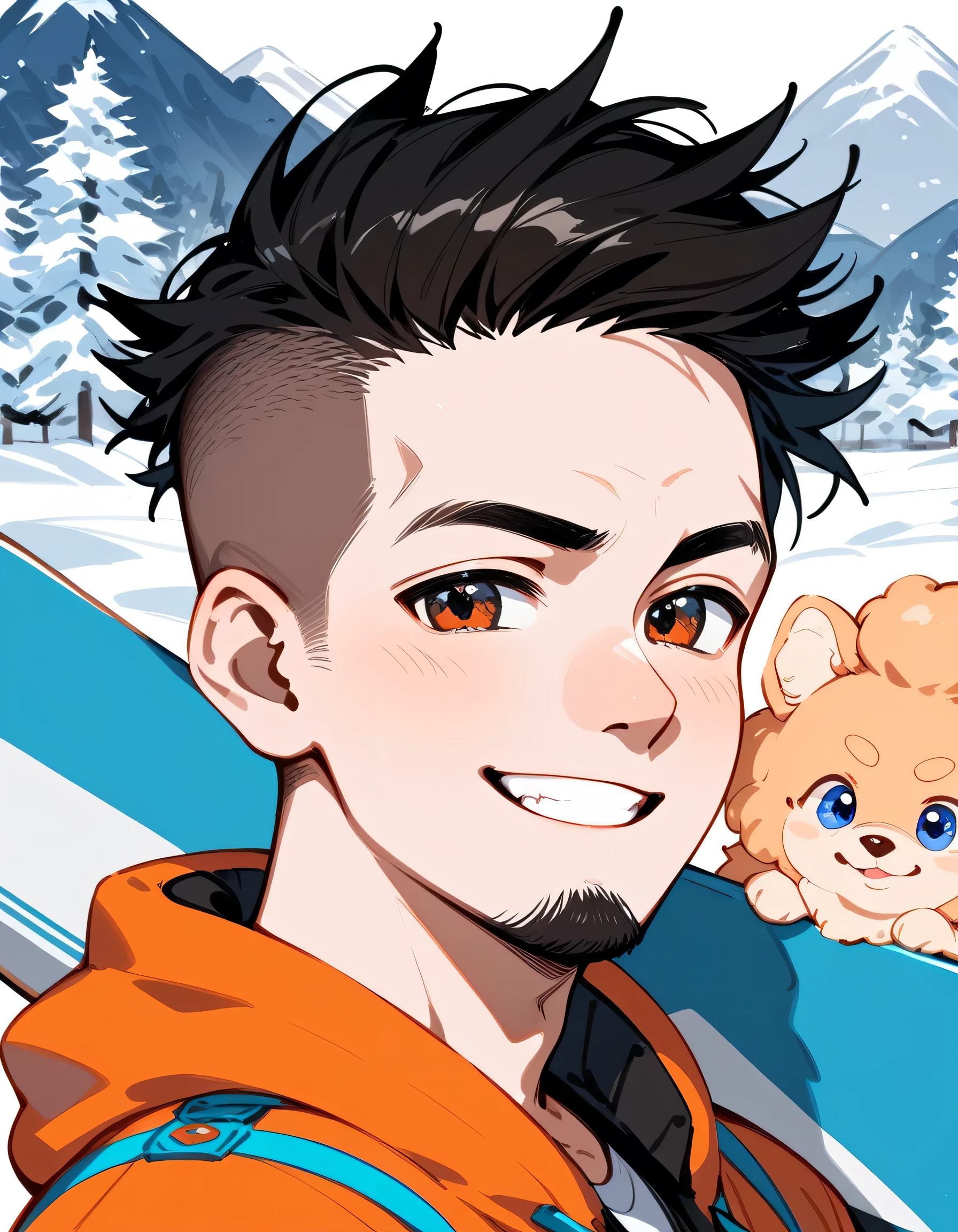 (((((with small Pomeranian(dog)))))),(standing snowboard on snow ground),snowboarder's suits,(middle-man),portrait,40years old,(The face of an old man with dignity),man's eyes,man's nose,grin,(black short spiked hair),forehead,sidecut,undercut,beard,(manga style,sketch),snow mountain,ski resort, slalom, 