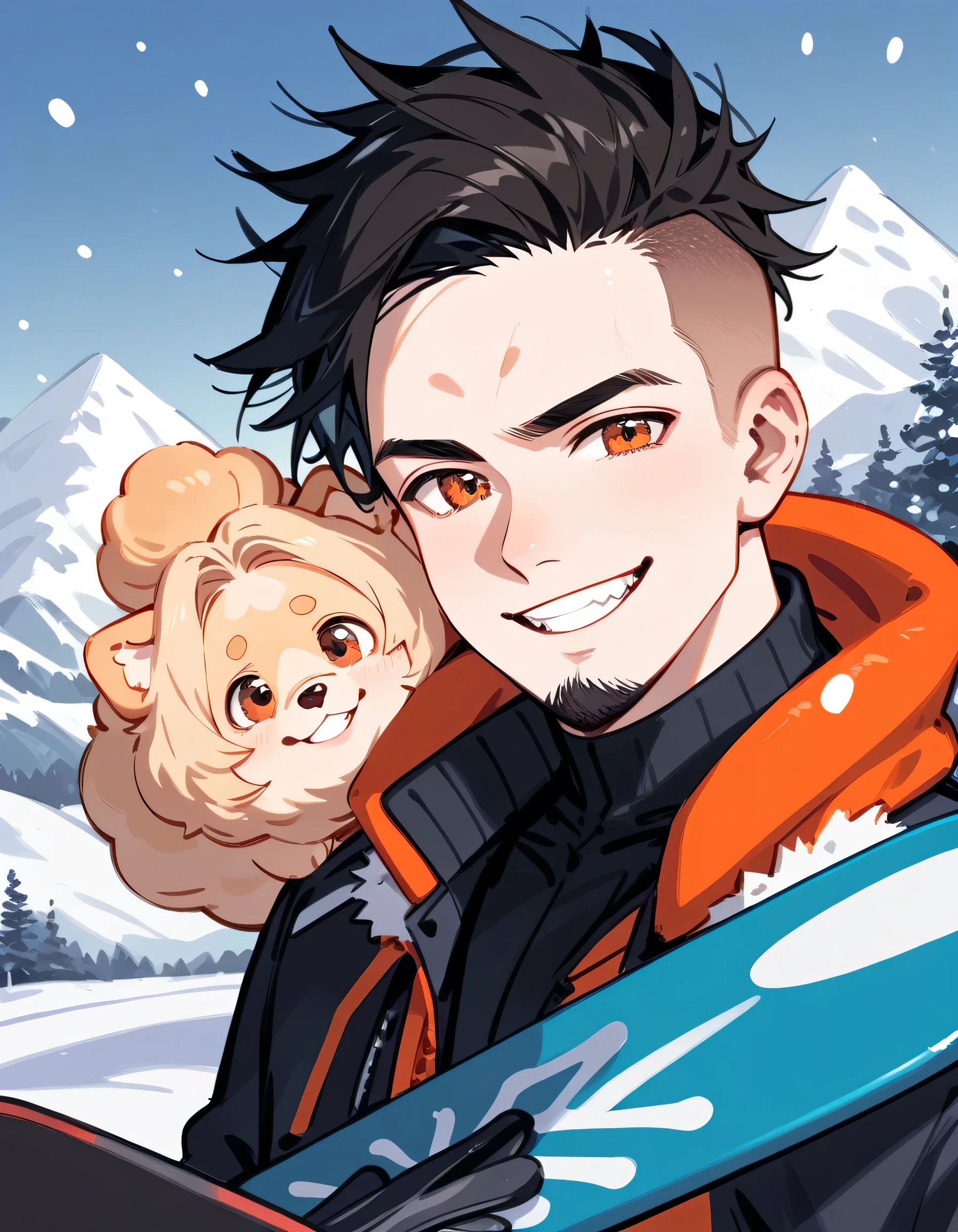(((((with together small Pomeranian(dog)))))),(standing snowboard on snow ground),snowboarder's suits,(middle-man),((portrait)),40years old,(The face of an old man with dignity),man's eyes,man's nose,grin,(black short spiked hair),forehead,sidecut,undercut,beard,(manga style,sketch),snow mountain,ski resort, slalom, 