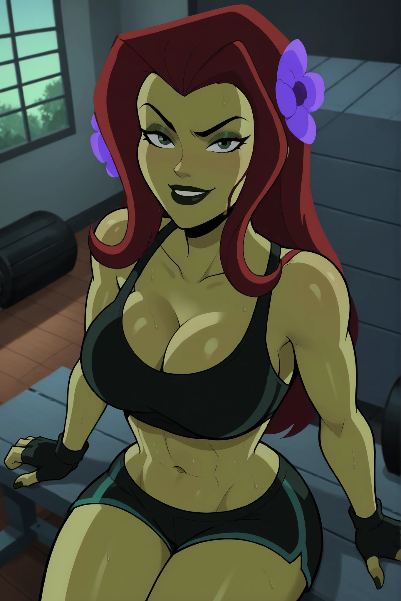 2d, score_9, score_8_up, score_7_up, score_6_up, flower, BREAK, 1girl, solo, standing, red hair, PIVYbatb, green skin, cleavage, curvy, athletic, makeup, smile, closed mouth, , long hair, black lips, hair ornament, expression, bedroom eyes, looking at viewer, seducing viewer, teasing viewer, busty, black sports bra, black gym shorts, black fingerless gloves, indoors, gym, sitting on bench, high-angle view, dark green eyeshadow, closeup, portrait, upper body, sweaty, sweat drops