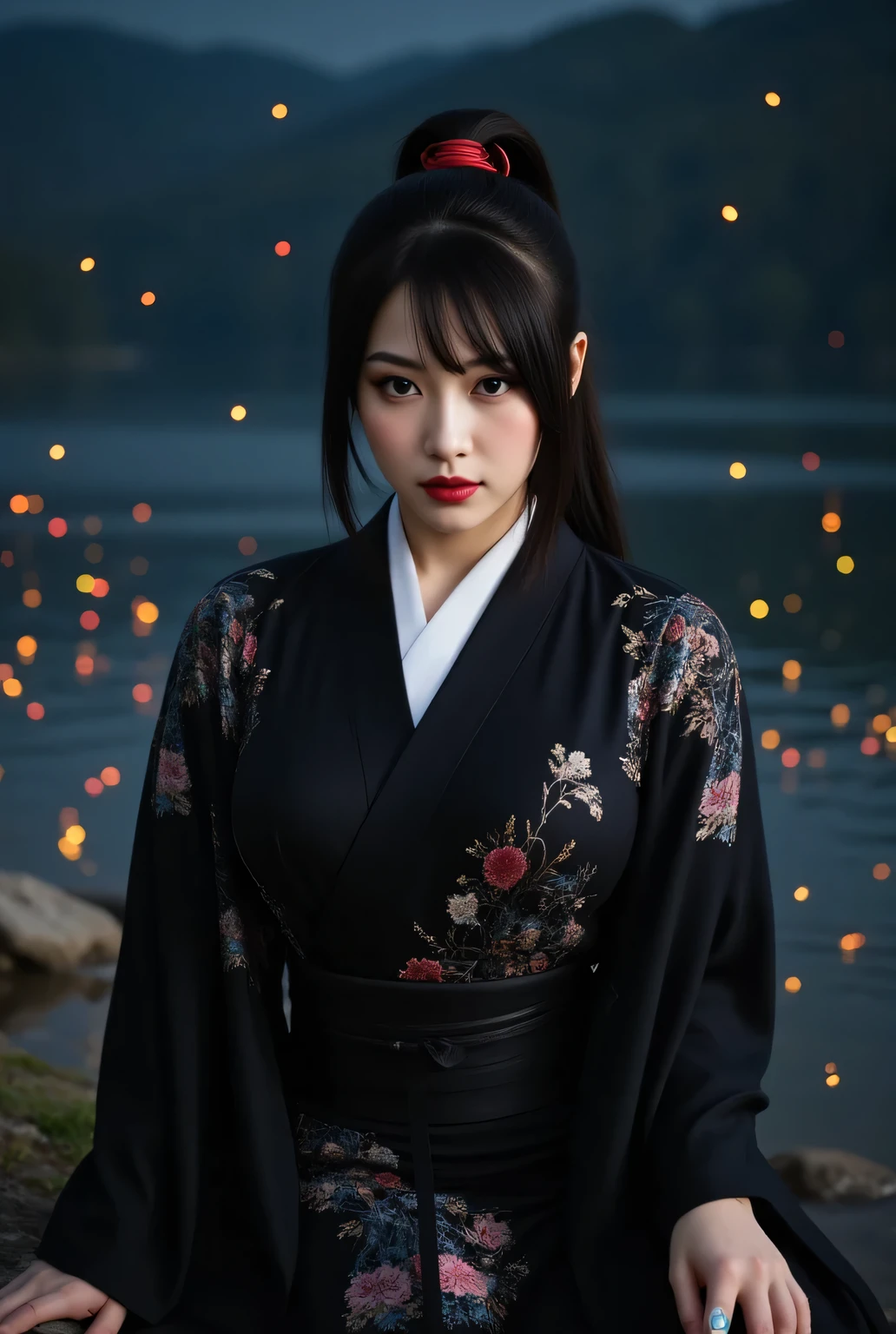 Black Sky.
Strict black kimono decorated with elaborate floral embroidery.
Black kimono obi.
Super beautiful Japanese woman, Villainess.
Long upturned eyeliners, red lips.
Long high ponytail and a red ponytail hook.
Midnight on the shore of a dark lake, covered in fireflies, each glowing in a different color.
It's like a magical fantasy world.
Best quality, masterpiece.
