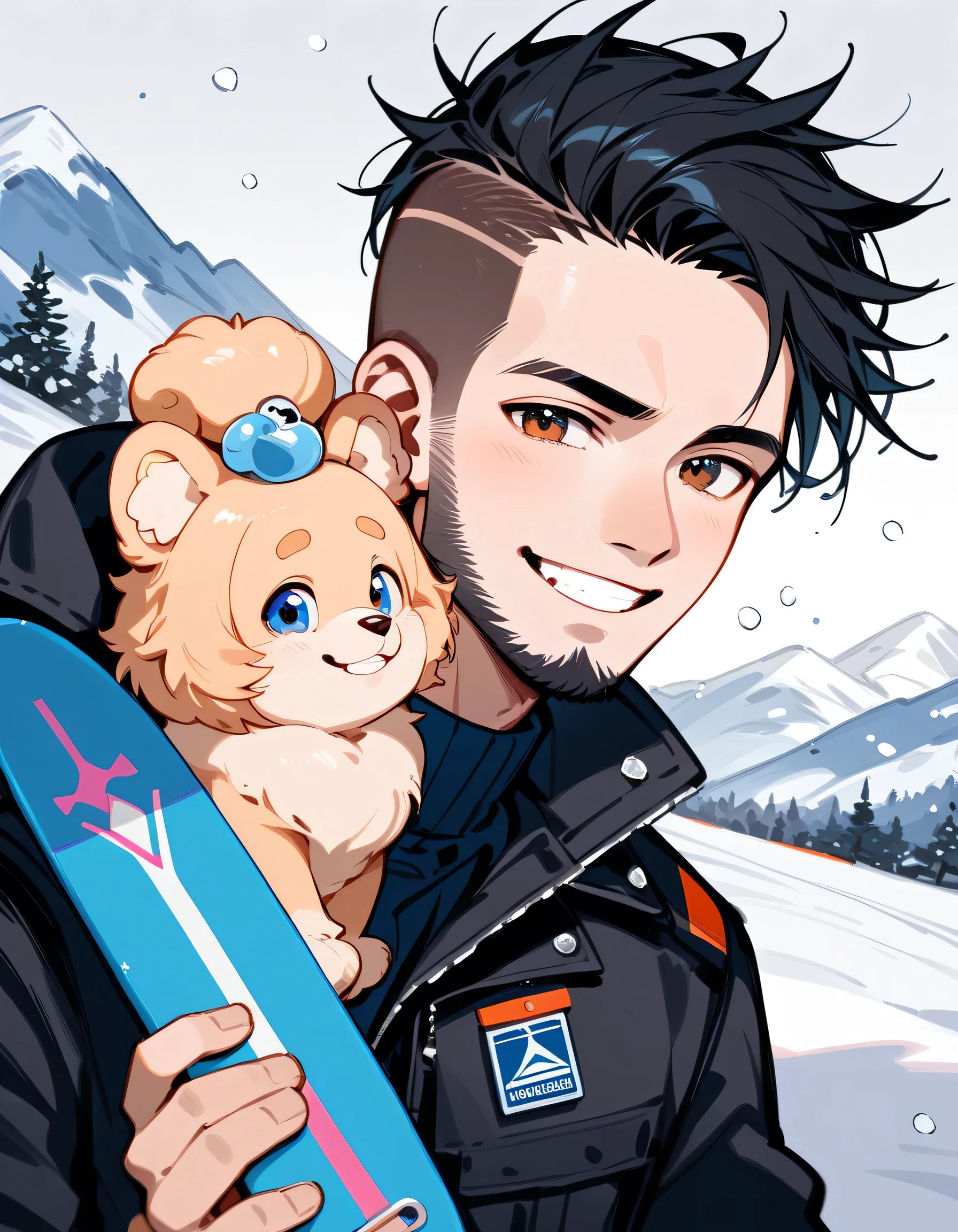 (((((with small Pomeranian(dog)))))),(standing snowboard on snow ground),snowboarder's suits,1middle-man and 1dog,portrait,40years old,(The face of an old man with dignity),man's eyes,man's nose,grin,(black short spiked hair),forehead,sidecut,undercut,beard,(manga style,sketch),snow mountain,ski resort, slalom,best quality,snow man on side