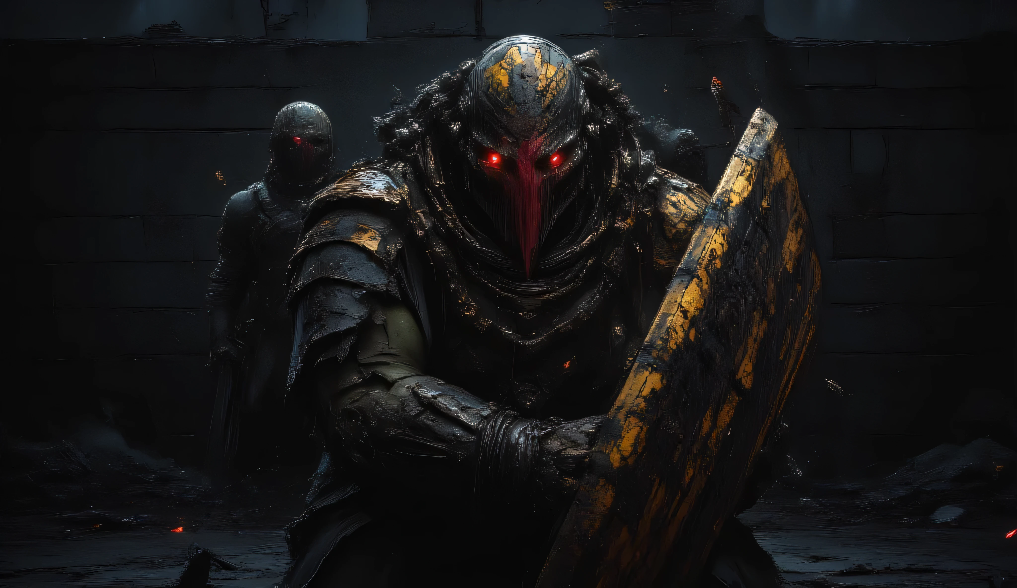Realism. A large green-skinned orc with a torn red cloth on his face. He holds a huge black-and-yellow rectangular shield in his hands. The orc's eyes are glowing red. He has a bald head and a military yellow helmet with peeling paint. He is wearing a black military uniform. He is shielded by a large rectangular shield, and behind him is a black, burnt-out brick wall. The sky is dark, and it is late evening. The orc is terrified.