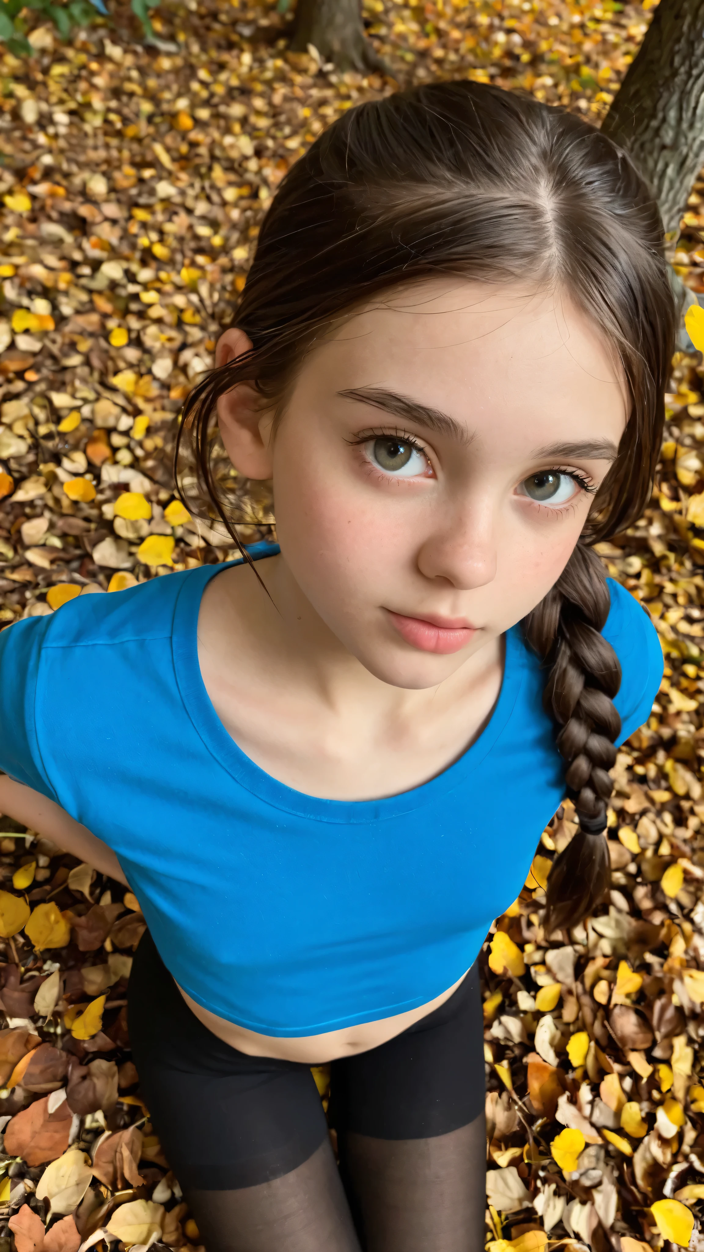 very young girl , god , posing in , subtle body , Slavic look , braided into a ponytail , in high school , in a miniskirt, cute face, looks at the viewer, stands right in front of the viewer , Flirting, black tights , full body , 4k , black tights , in the forest , deep autumn , , (top view:1.6),small hip,(younger:1.5),(cute hip)