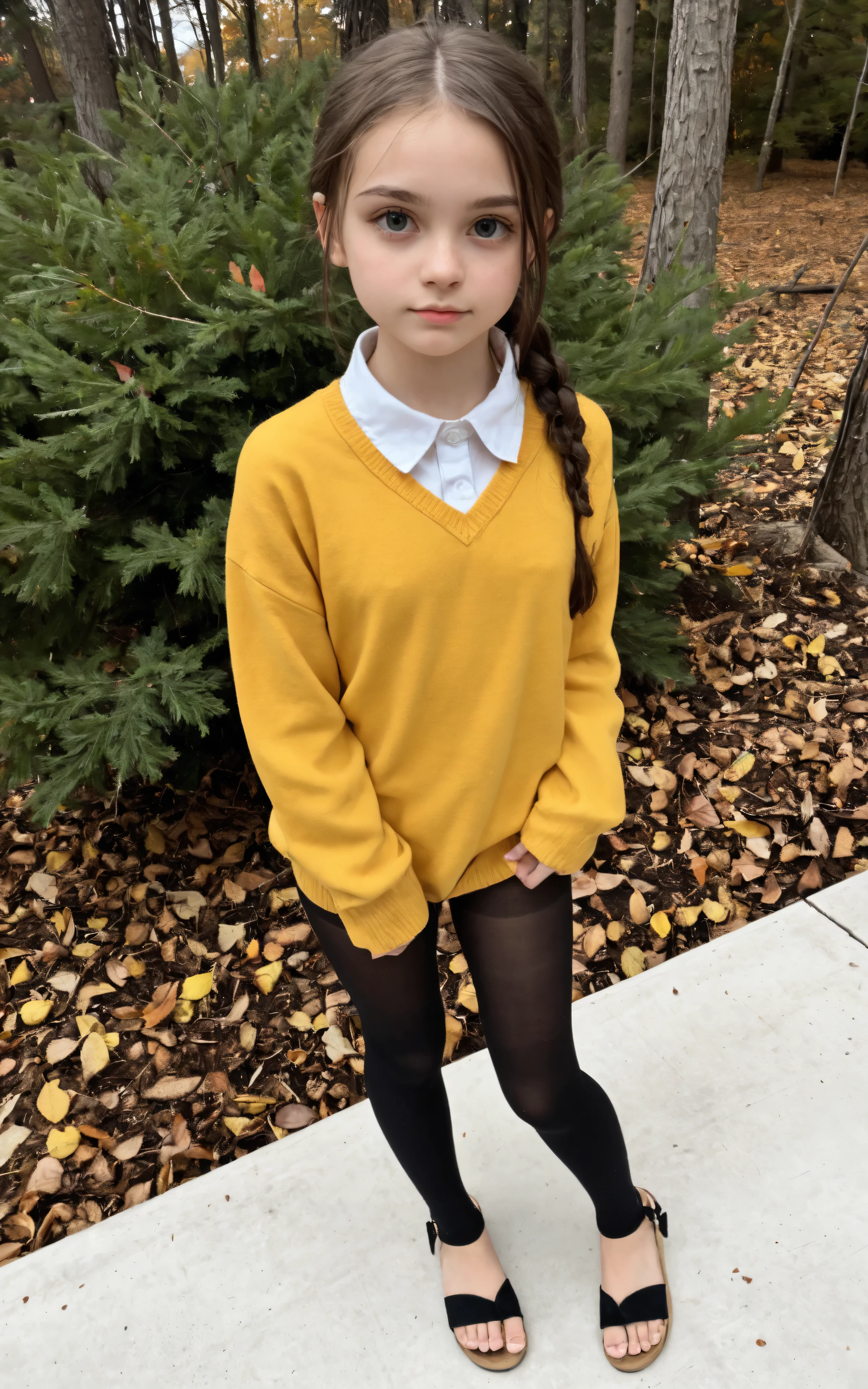 very young girl , god , posing in , subtle body , Slavic look , braided into a ponytail , in high school , fur sandals in a short black school sweater with a white collar , in a miniskirt, cute face, looks at the viewer, stands right in front of the viewer , Flirting, black tights , full body , 4k , black tights , in the forest , deep autumn , , (top view:1.6),small hip,(younger:1.5),(cute hip)