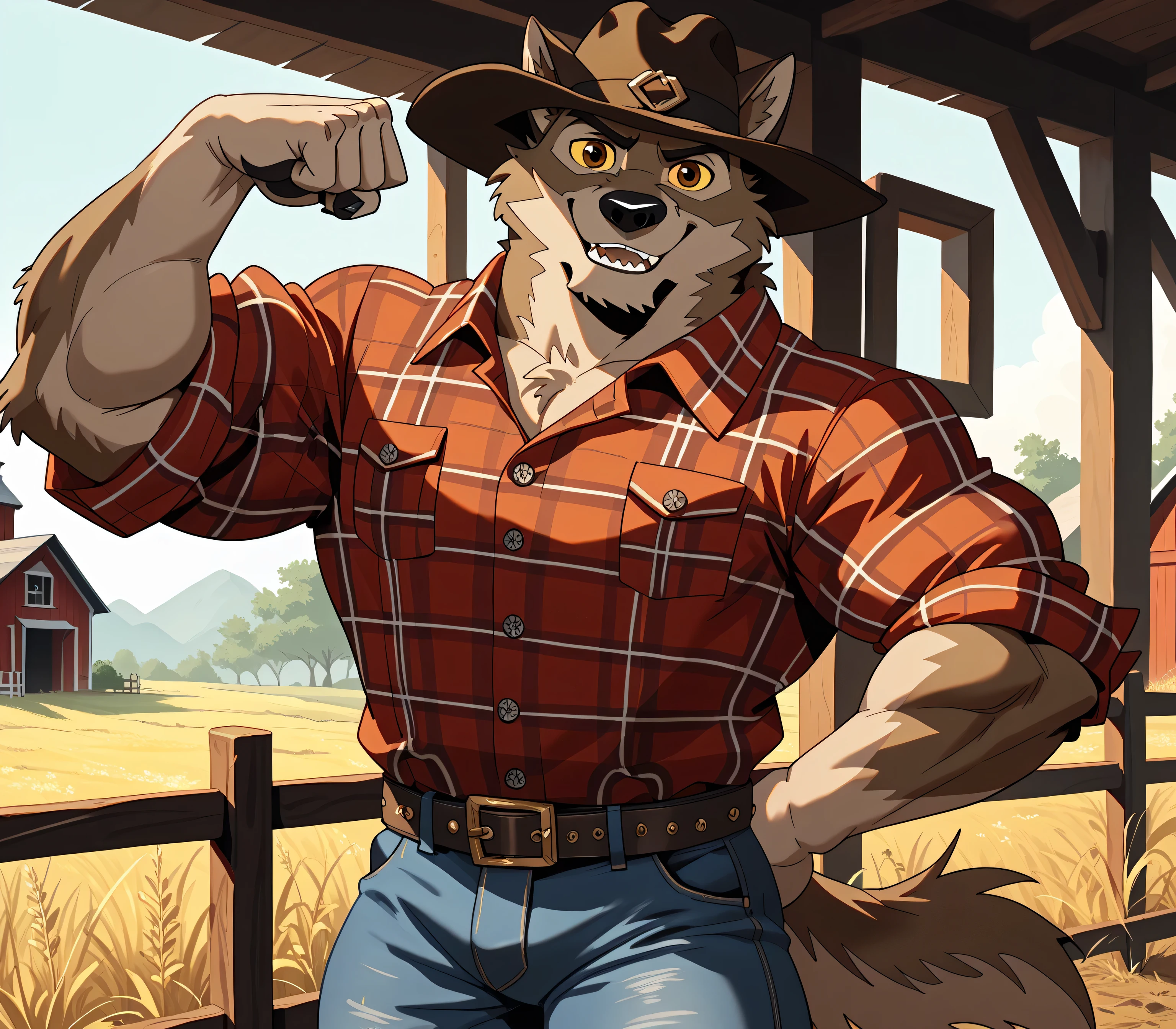 Baltotwd, wolfdog, balto, brown eyes, yellow sclera, anthro body, farm background, cowboy, cowboy hat, flannel shirt, belt, jeans, muscular build, flexing bicep, solo, looking at viewer