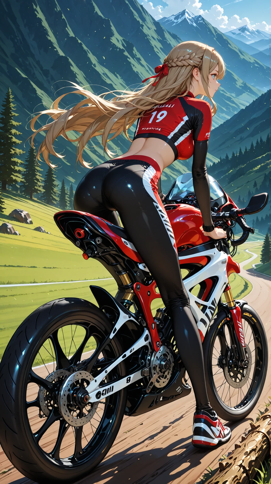 beautiful gir, on a sport bike, in the mountains, log hair on the wind, sport clothes, long road ahead