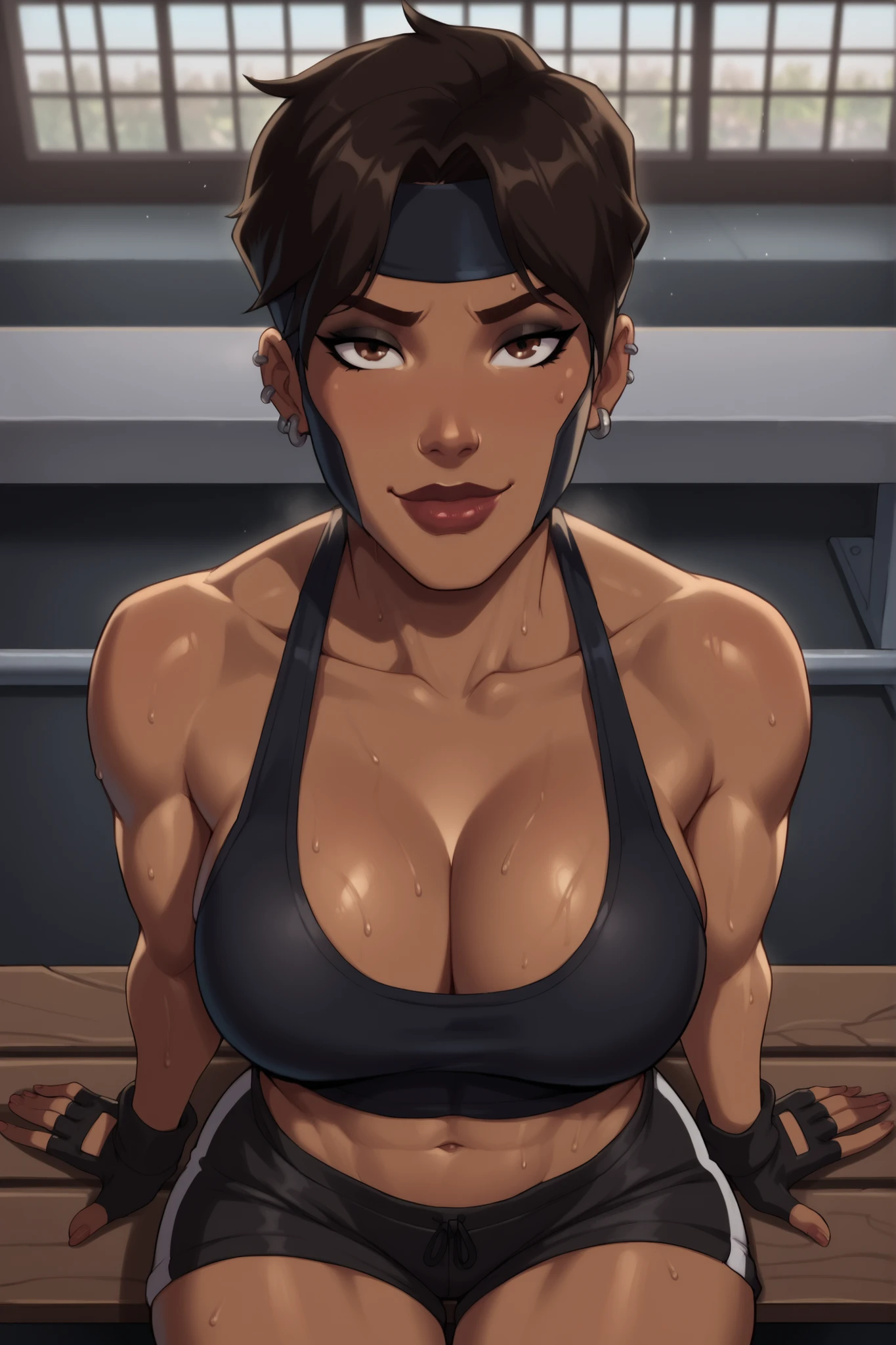 BREAK, score_6_up, score_9, score_8_up, score_7_up, high quality, masterpiece, Rocket, 1girl, solo, 2d, dark-skinned female, short hair, brown eyes, headband, piercing, earring, mask, lipstick, makeup, , cleavage, curvy, athletic, looking at viewer, seducing viewer, teasing viewer, smile, closed mouth, expression, bedroom eyes, busty, black sports bra, black gym shorts, black fingerless gloves, shoulders, sitting on bench, gym, indoors, high-angle view, black eyeshadow, closeup, portrait, upper body, thick thighs, wide , sweaty, sweat drops