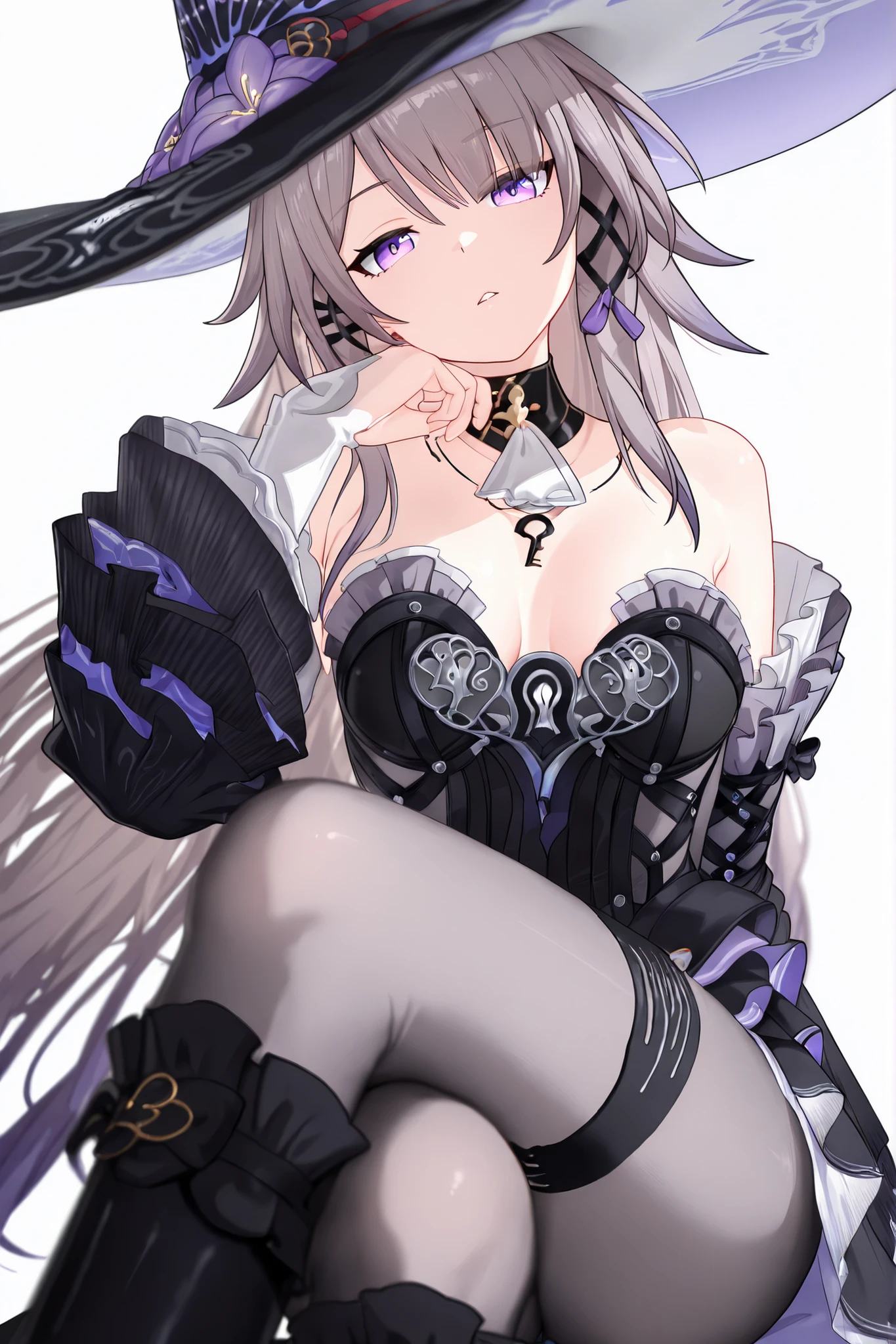 (masterpiece),(Best Quality:1.2, 4K, 8k, Animation Studio , very well detailed, Latest, masterpiece:1.2, Best Quality, simple background, ((white background)), depth of field, f/1.8, 135mm, Nikon, UHD)), (3d), (the herta), witch hat, black choker, necklace, detached sleeves, thigh strap, black pantyhose, frilled boots, sitting, crossed legs, looking at viewer, head tilt, arm support, hand on own chin, ((mature female)), milf, parted lips, close-up