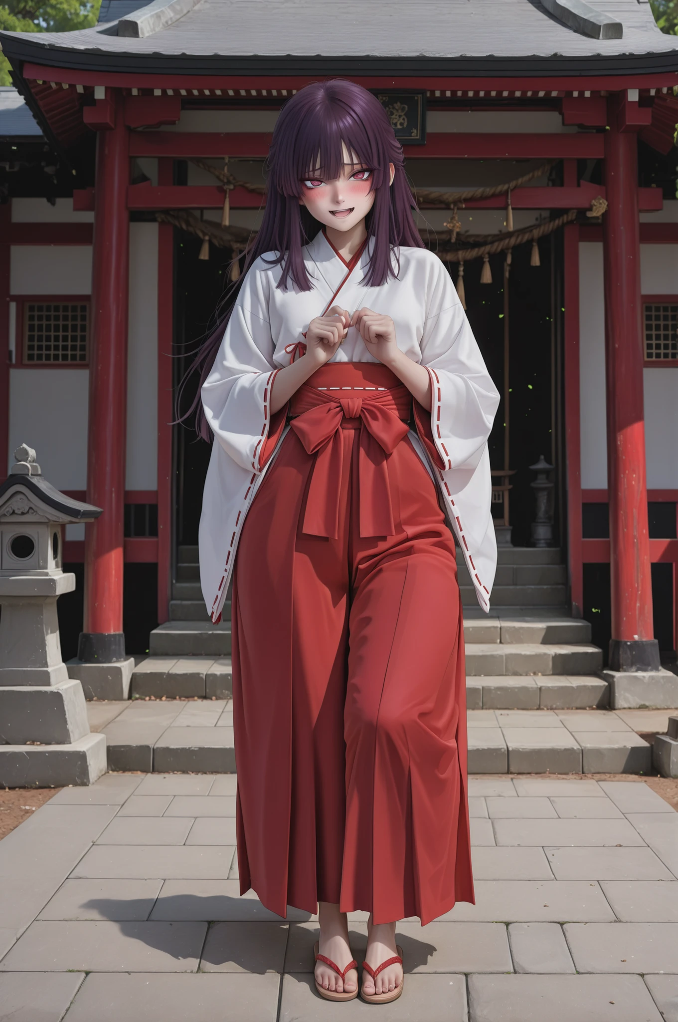 solo,deepstroke3,(small girl,short girl:1.2),(white skin),(curvy),projectile, Shrine, (tsurime:1.2), ,(cute:1.3),(round face:1.4),(dark purple hair, ruby eyes, long_hair, Half-up, ),score_9, score_8_up, score_7_up, 8k, high quality, best quality, high quality detailed, rating_explicit,(very aesthetic),( high detailed eyes:1.2), perfect anatomy, (very beautiful eyes:1.2), (shy,blush),smile,open mouth,masterpiece,(,full body:1.5),miko, red hakama, miko_dress, barefoot,toes,sandals,standing