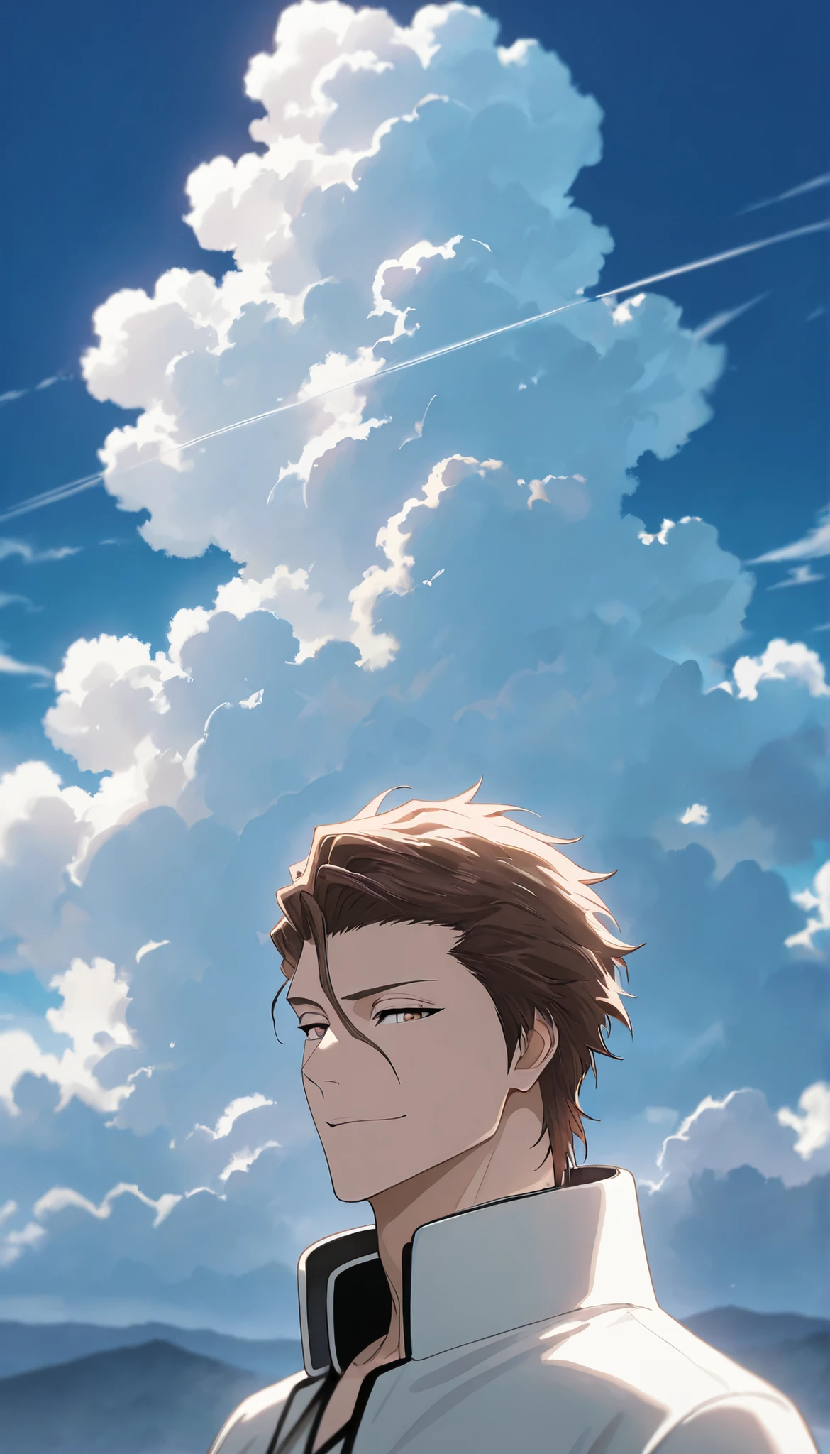 masterpiece, best quality, amazing quality, very aesthetic, absurdres,  newest, (scenery, volumetric lighting),

aizen sousuke, solo, looking at viewer, smile, brown hair, 1boy, brown eyes, vslinxaizen_arrancar, jacket, male focus, sky, day, cloud, blue sky, portrait, anime

masterpiece, best quality, amazing quality, very aesthetic, absurdres,  newest, (scenery, volumetric lighting)