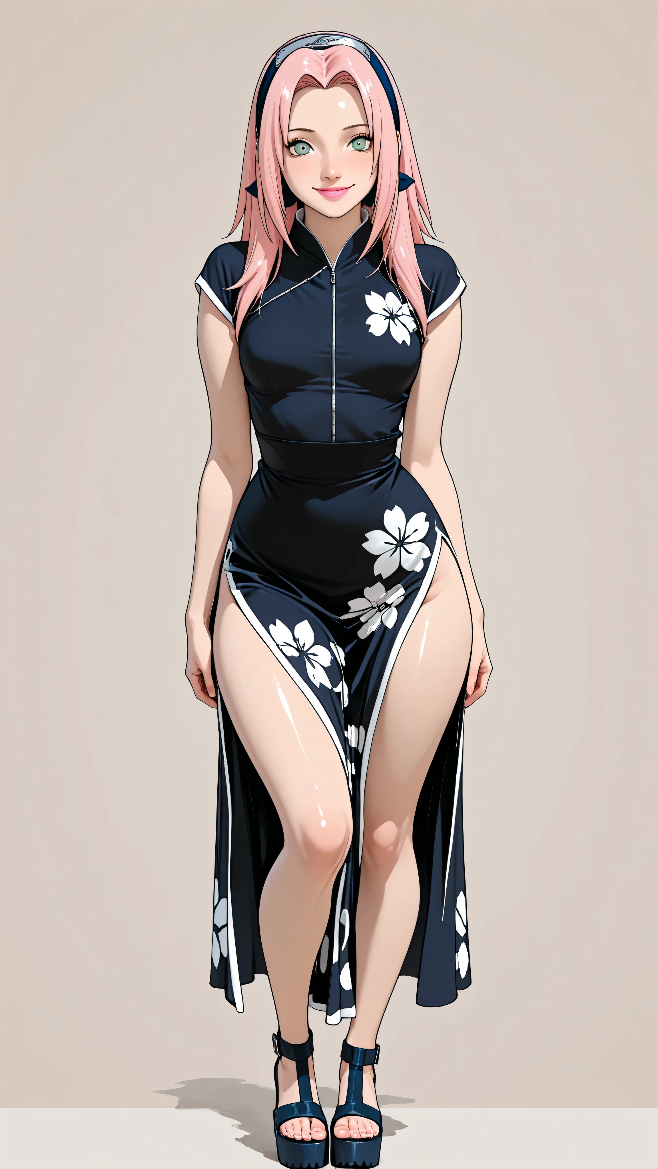 a girl, Sakura haruno, bright pale pink long hair, green eyes, thin lips sex, bright pink lipstick, small breasts, narrow waist, wide hips, Thighs and wide legs. Wear a black dress with white floral print. Wear high-heeled sandals with platform and bare toe. pose natural, flirty expression, smile. simple background. perfect anatomy. masterpiece. Higher quality. Photo RAW. 16K. greater sharpness. ultra detailed.