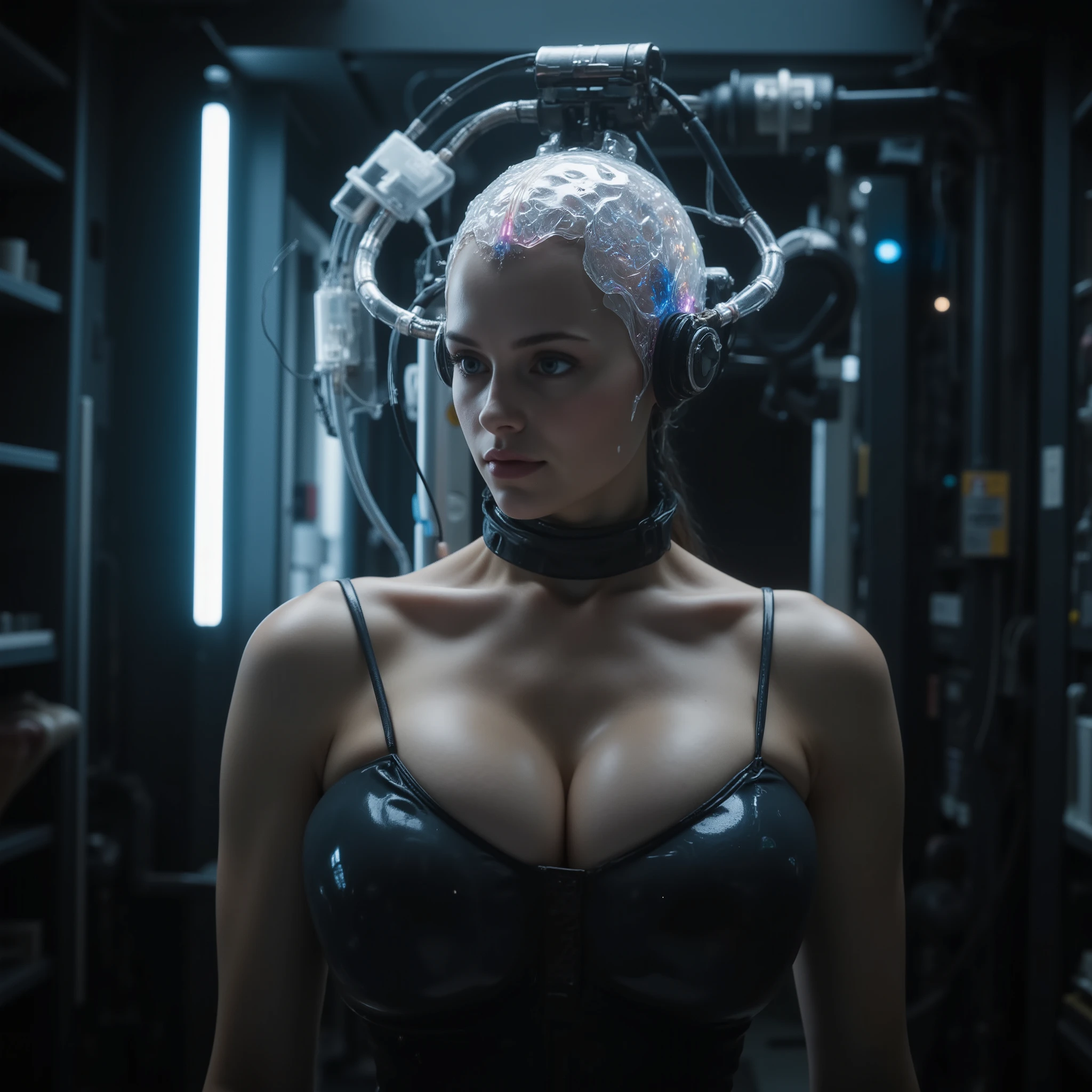 Masterpiece photorealistic image of a slim young (((fullbreasted))) woman wearing a mind-control helmet on her head, a woman who modifies her brain, The woman was converted into a cyborg, wearing formfitting latexsuit. Liquid glowing aphrodisiacs are pressed into her brain through transparent hoses that are attached to her head, an electronic mechanized head, illuminated by bright white light from side, casting deep shadows, slightly darker advanced technology brainmachine background with glowing controllights. Hyper detailed, UHD, 32k 