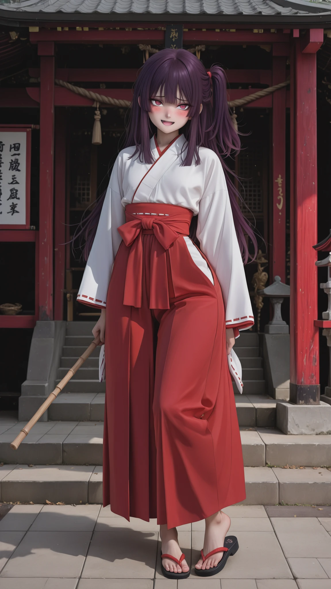 solo,deepstroke3,(small girl,short girl:1.2),(white skin),(curvy),projectile, Shrine, (tsurime:1.2), ,(cute:1.3),(round face:1.4),(dark purple hair, ruby eyes, long_hair, Half-up, ),score_9, score_8_up, score_7_up, 8k, high quality, best quality, high quality detailed, rating_explicit,(very aesthetic),( high detailed eyes:1.2), perfect anatomy, (very beautiful eyes:1.2), (shy,blush),smile,open mouth,masterpiece,(,full body:1.5),miko, red hakama, miko_dress, barefoot,toes,sandals,standing