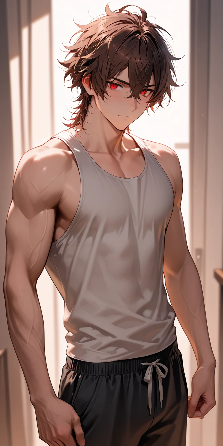 Boy, male body, adult, girl face,  face,  look, redhead, short wolf hair, perfect body, fit body, fulfilled sleeve shirt, muscular, small chest, cycling shorts with pretuberance, pretuberance, , femboy