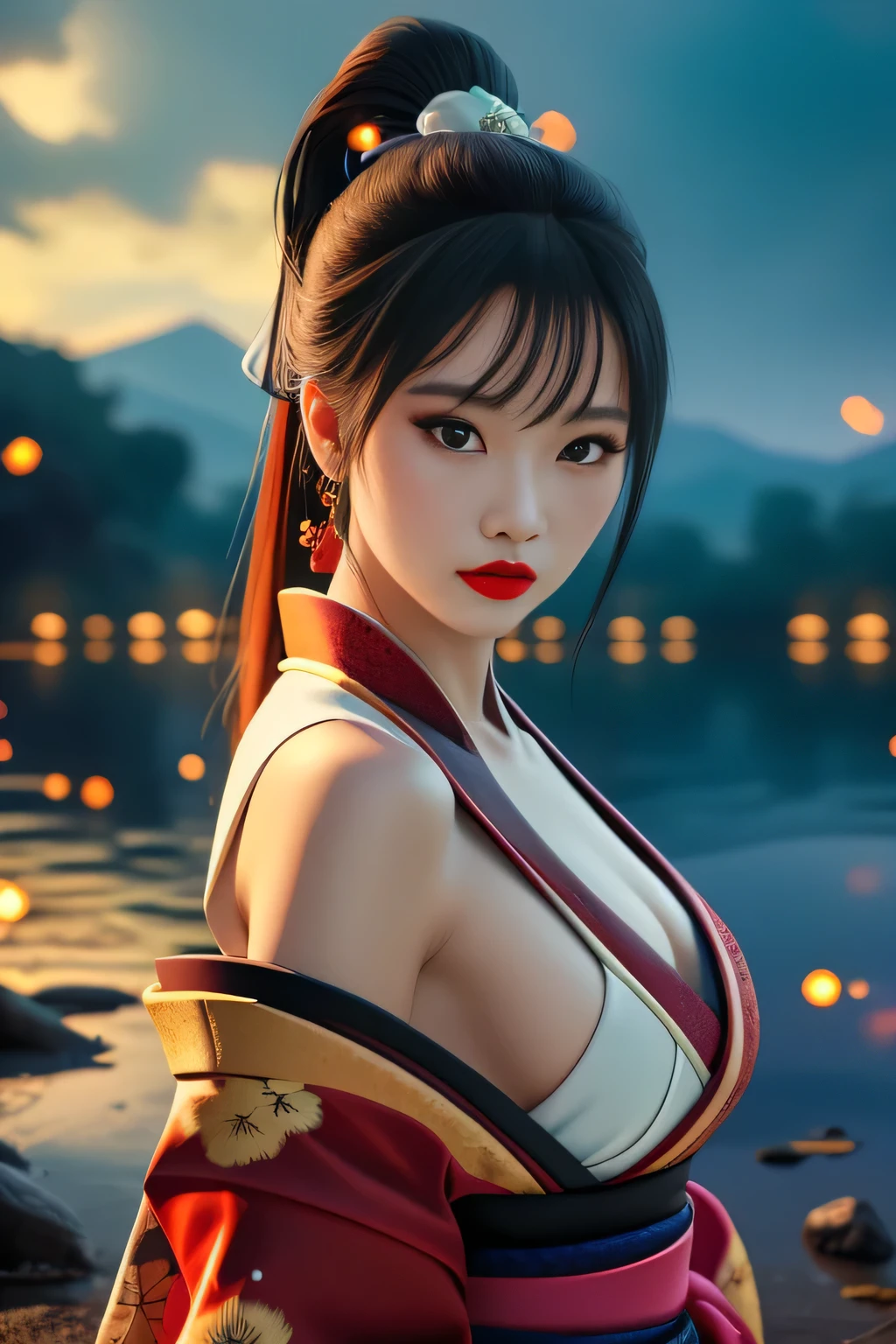 Photo realistic, best quality, masterpiece.
Black Sky.
Strict black kimono decorated with elaborate floral embroidery.
Black kimono obi.
Super beautiful Japanese woman, Villainess.
Long upturned eyeliners, red lips.
Long high ponytail and a red ponytail hook.
Midnight on the shore of a dark lake, covered in fireflies, each glowing in a different color.
It's like a magical fantasy world.