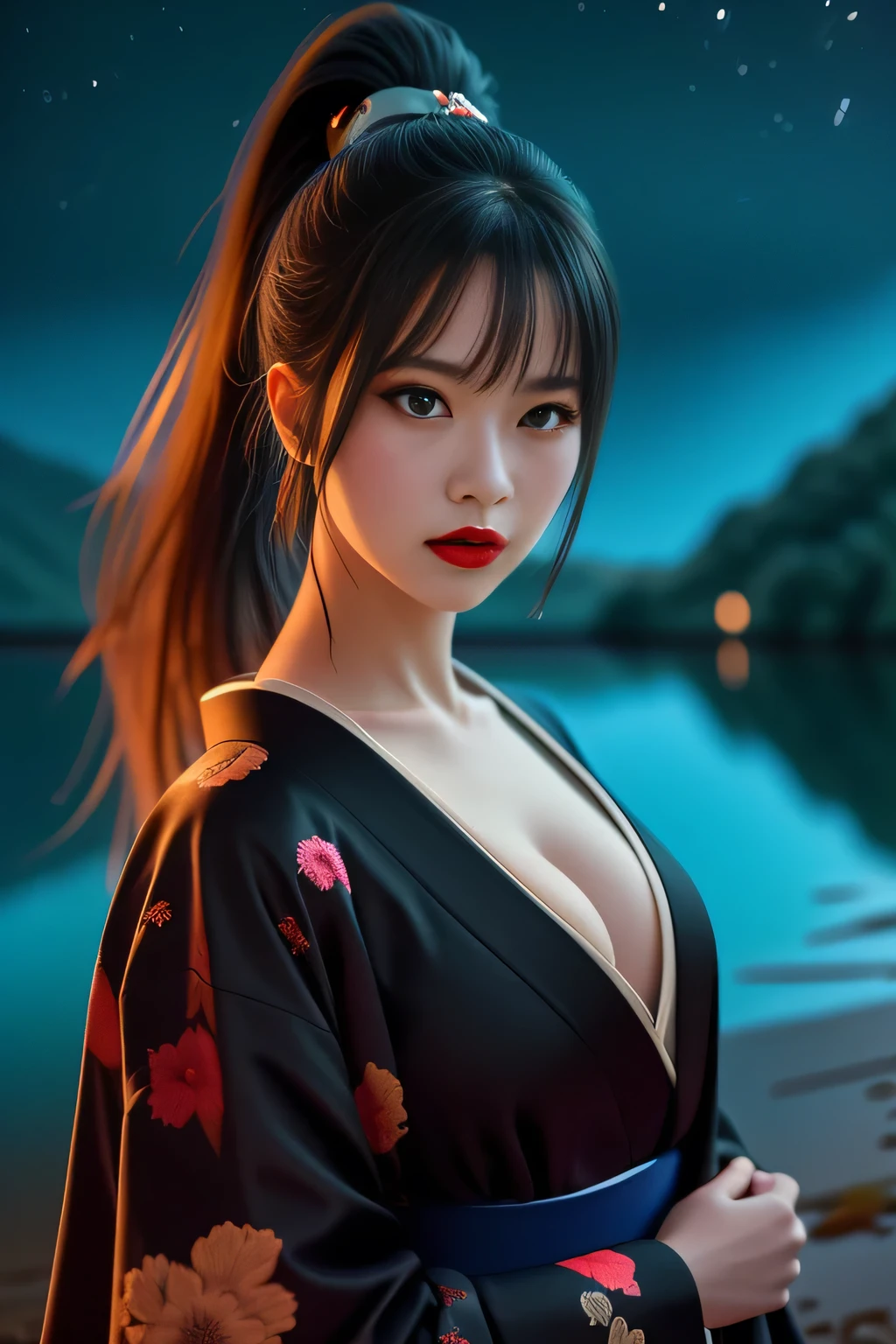 Photo realistic, best quality, masterpiece.
Strict black kimono decorated with elaborate floral embroidery.
Black kimono obi.
Super beautiful woman, Villainess.
Long upturned eyeliners, red lips.
Long high ponytail and a red ponytail hook.
(Midnight on the shore of a dark lake:1.5), covered in fireflies, each glowing in a different color, black sky.
It's like a magical fantasy world.