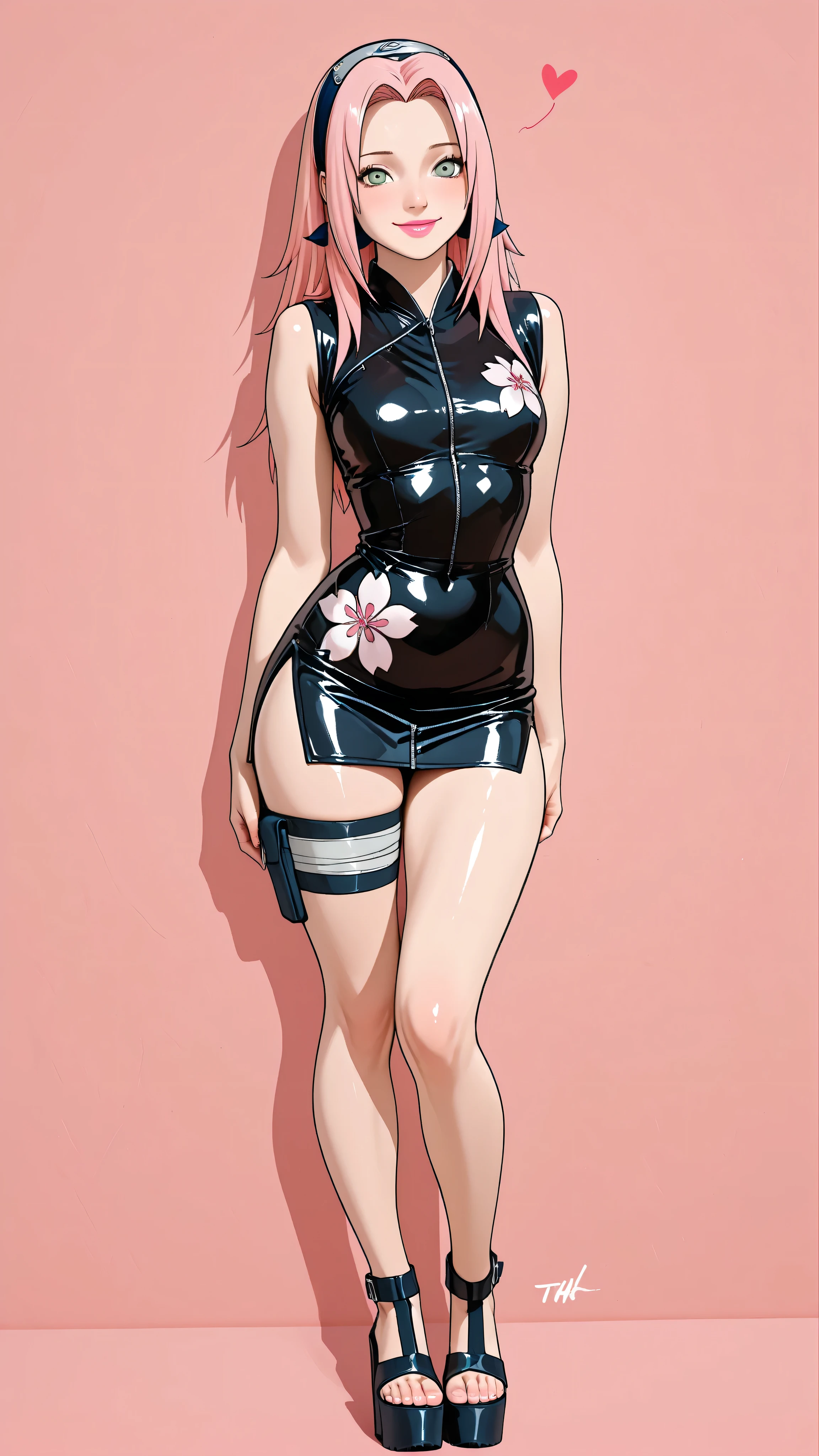 a girl, Sakura haruno, bright pale pink long hair, green eyes, thin lips sex, bright pink lipstick, small breasts, narrow waist, wide hips, Thighs and wide legs. Wear a black latex microdress with white floral print. Wear high-heeled sandals with platform and bare toe. pose natural, flirty expression, smile. simple background. perfect anatomy. masterpiece. Higher quality. Photo RAW. 16K. greater sharpness. ultra detailed.