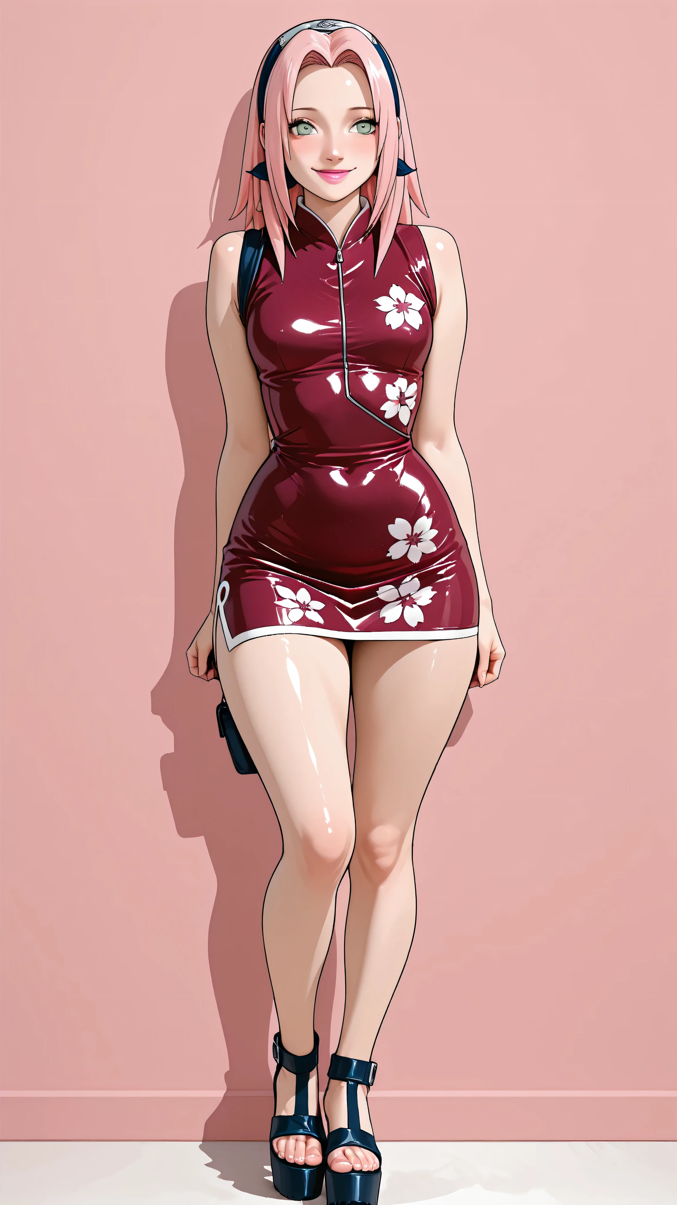 a girl, Sakura haruno, bright pale pink long hair, green eyes, thin lips sex, bright pink lipstick, small breasts, narrow waist, wide hips, Thighs and wide legs. Wear a black latex microdress with white floral print. Wear high-heeled sandals with platform and bare toe. pose natural, flirty expression, smile. simple background. perfect anatomy. masterpiece. Higher quality. Photo RAW. 16K. greater sharpness. ultra detailed.