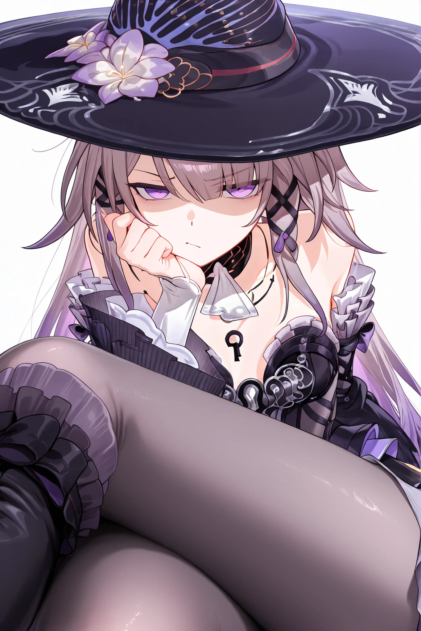 simple background, white background, the herta, witch hat, black choker, necklace, detached sleeves, black pantyhose, frilled boots, clean pantyhose, detailed pantyhose, close-up, foreshortening, looking at viewer, hand on own chin, disgust